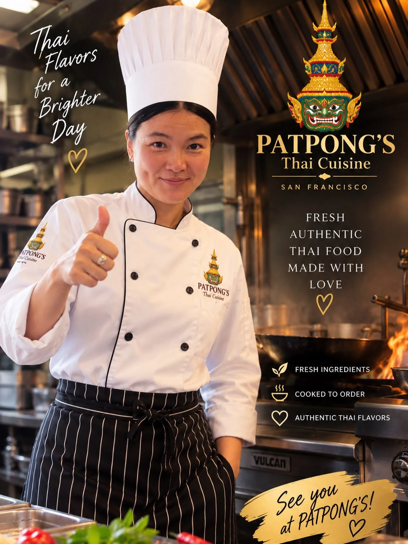 Fresh ingredients, authentic Thai flavors, and every dish cooked to order with love. 🇹🇭❤️

From our kitchen to your table, we&rsquo;re proud to bring the true taste of Thailand to San Francisco.

Come say hello and enjoy a delicious meal with us at