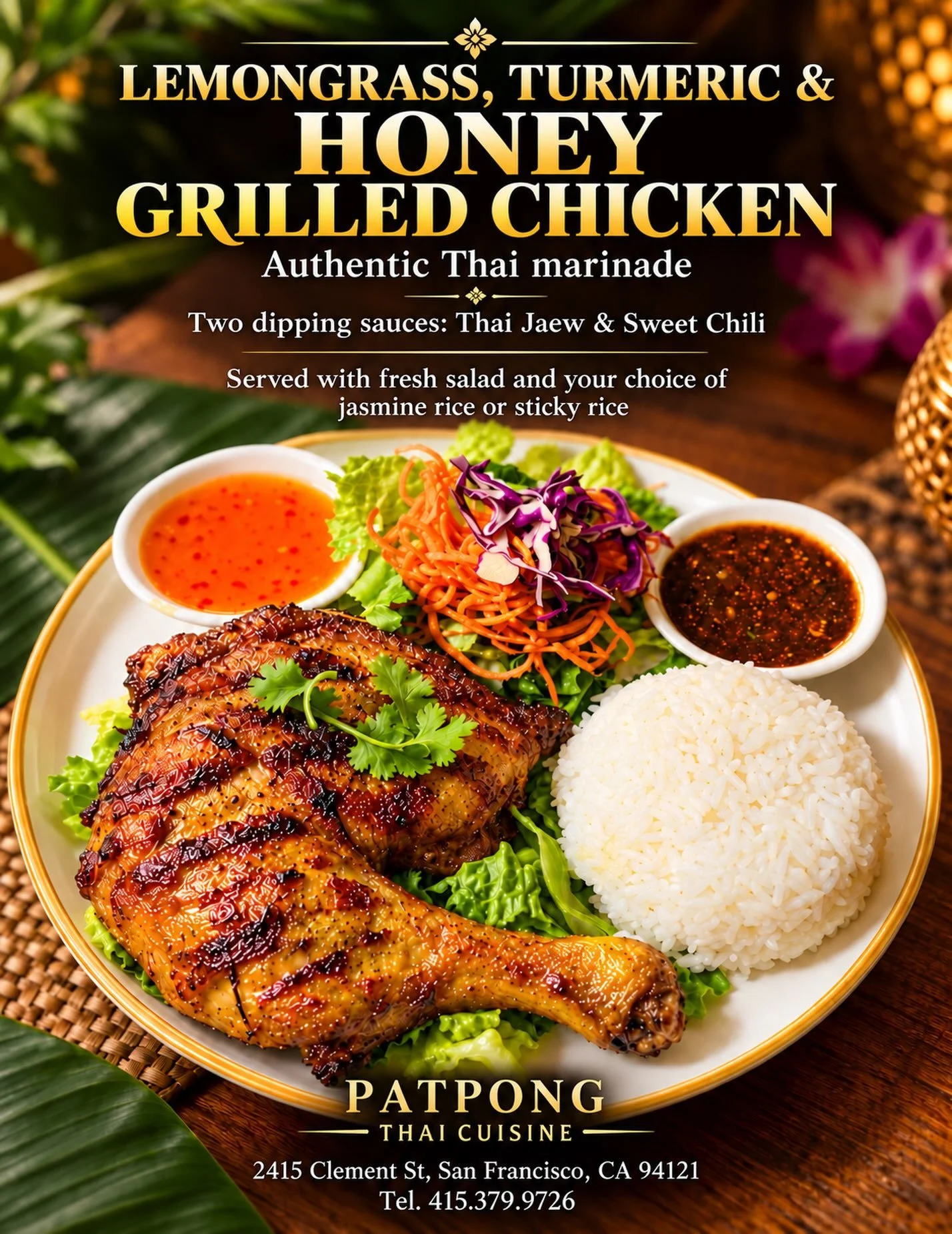 Meet your new favorite grilled chicken 🍗✨

Our Lemongrass, Turmeric &amp; Honey Grilled Chicken is marinated with Thai herbs and grilled until golden. It comes with fresh salad, your choice of jasmine or sticky rice, and two dipping sauces: Thai jae