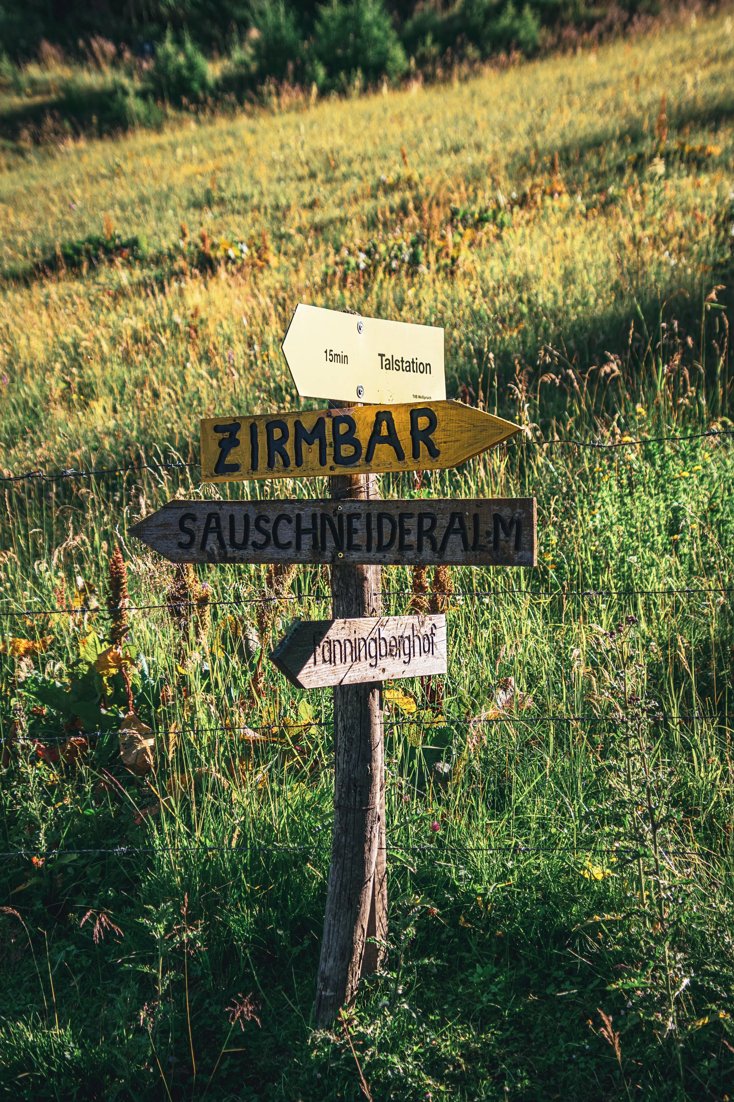 Ein Holzzaunpfosten mit mehreren Wegweiserschildern, die in eine ländliche Landschaft zeigen, darunter Hinweise auf Zirmbar, Sauschneideralm und Danningerhof, umgeben von grüner Wiese und Bäumen im Hintergrund.
