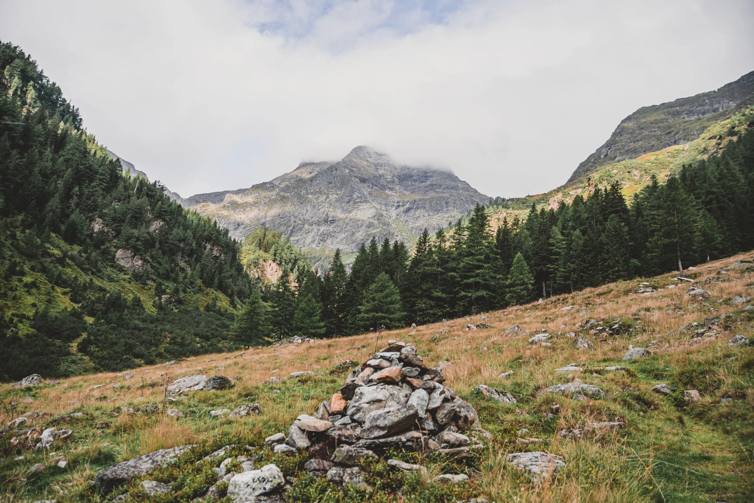Berglandschaft mit grünen Wäldern, Felsen und einer Wolkendecke über den Berggipfeln.