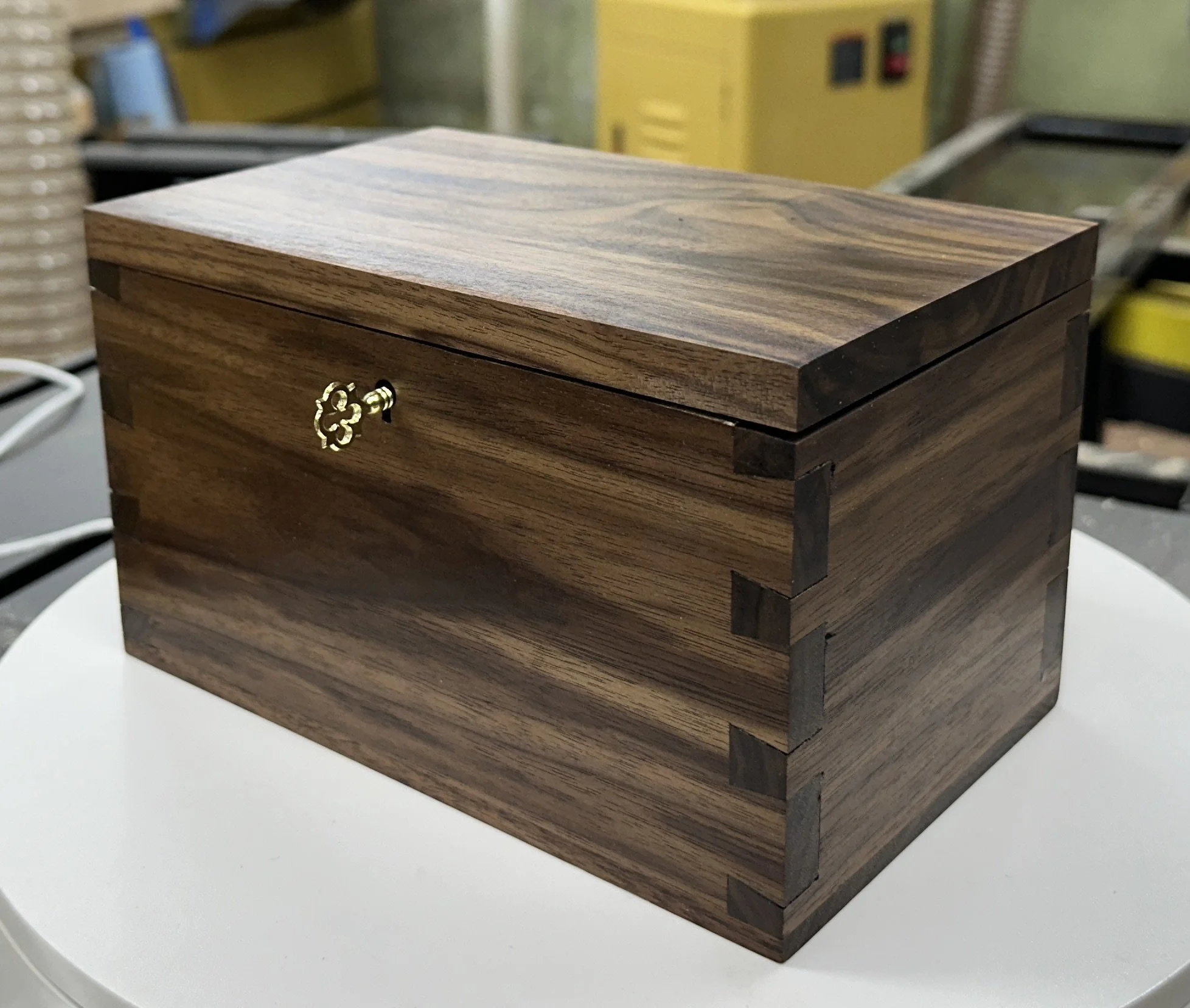Solid Walnut Keepsake Box 8”x5”x5”, Dovetail joinery, brass hinges and lock and key.