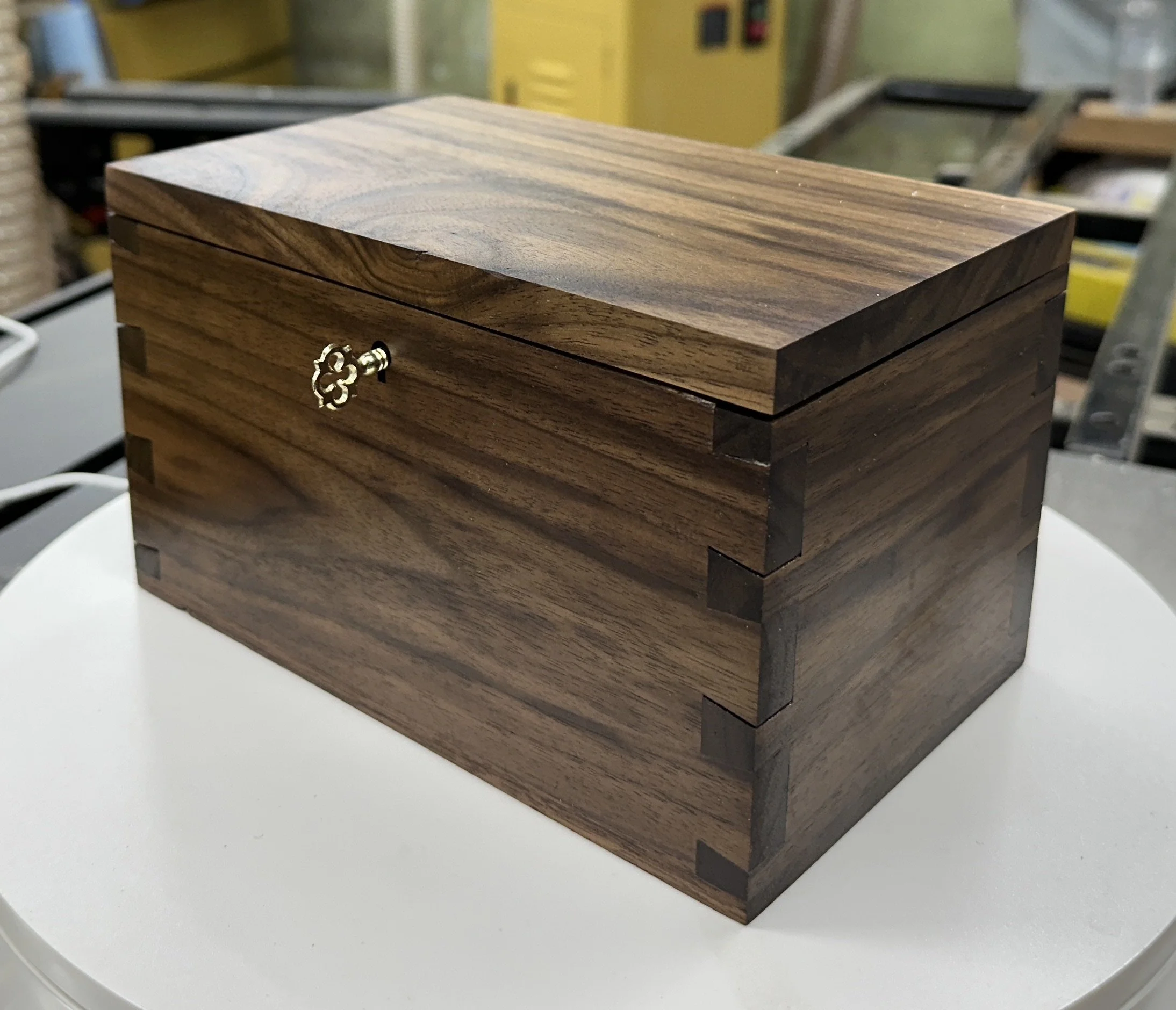Solid Walnut Keepsake Box 8”x5”x5”, Dovetail joinery, brass hinges and lock and key.