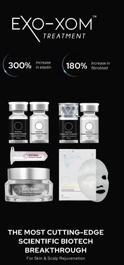 Advertisement for EXO-XOM treatment showing vials, capsules, a jar, a mask, and a sheet, promoting skin and scalp rejuvenation with claims of 300% increase in elastin and 180% increase in fibroblast.