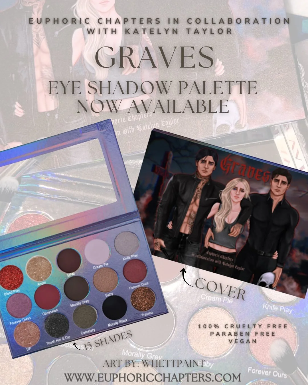 🖤 The wait is over. The Graves Palette is LIVE. 🖤

Inspired by Graves by Katelyn Taylor 🪦 She&rsquo;s caught between danger and desire. They&rsquo;re lethal, loyal, and completely undone by her.  
✨ 15 rich, sultry shades ✨ Cruelty-free, paraben-f