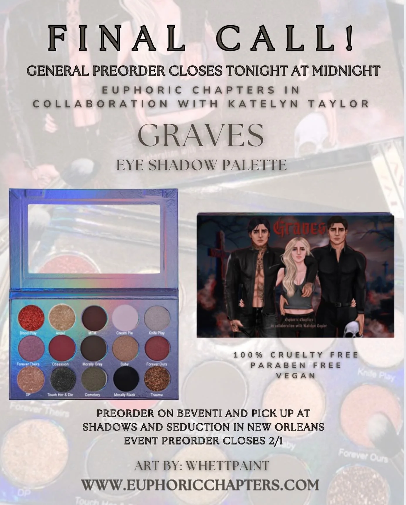 Calling all dark romance readers! Katelyn Taylor&rsquo;s Grave inspired eye shadow palette closes tonight for general preorder!!! RUN AND ORDER NOW!! ❤️&zwj;🔥

✨ 15 rich, sultry shades ✨ Cruelty-free, paraben-free &amp; 100% vegan ✨ Palette + slip i