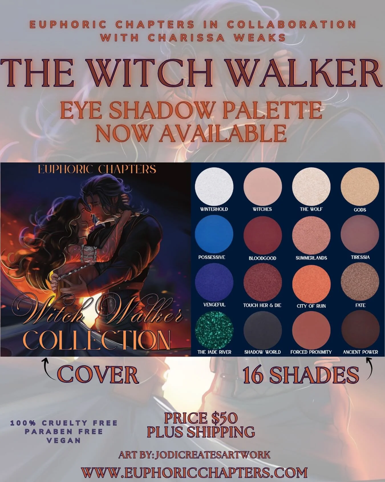The Witch Walker eye shadow palette is officially LIVE! Inspired by Charissa Weaks&rsquo; Witch Walker series this palettes includes 16 shades inspired by the books, featuring gorgeous artwork by @jodicreatesartwork It also comes with an art print 🙂