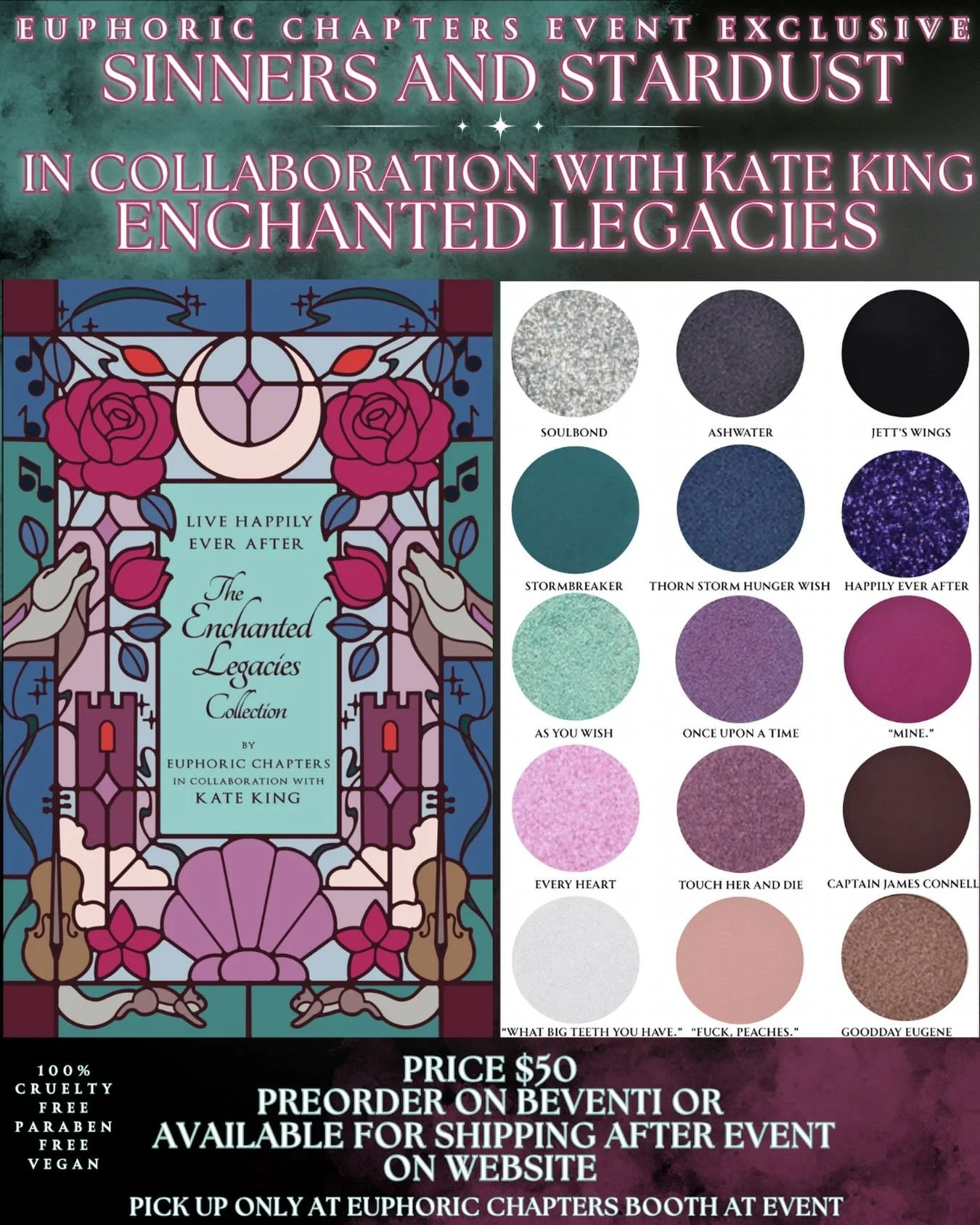 We are SO excited to share the cover of our Enchanted Legacies eye shadow collab with @katekingauthor &hearts;️ this event exclusive for @sinnersandstardustball is so magical and fun! 15 unique shades inspired by the entire series. Don&rsquo;t worry 