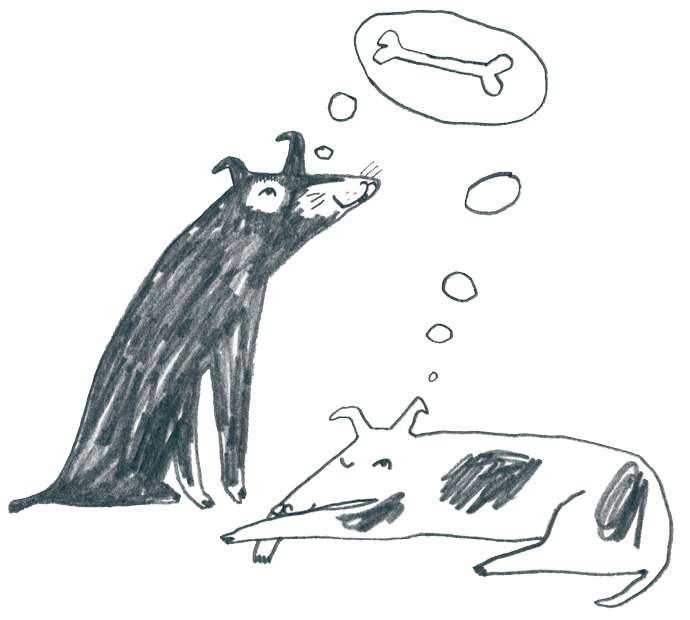 Illustration of a black dog thinking about a bone while a white and black dog sleeps.