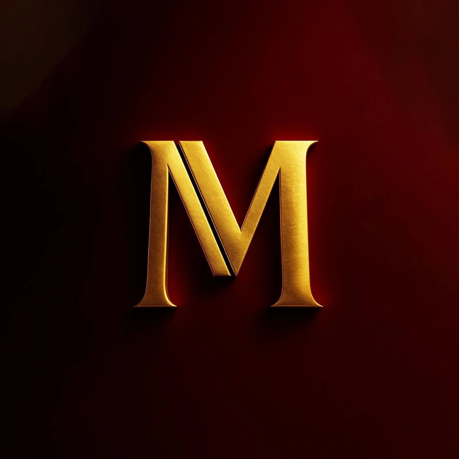 Gouden letter M op een donkere achtergrond met een rode gloed. Een duidelijke verwijzing naar het Moulin Mystique merk.
