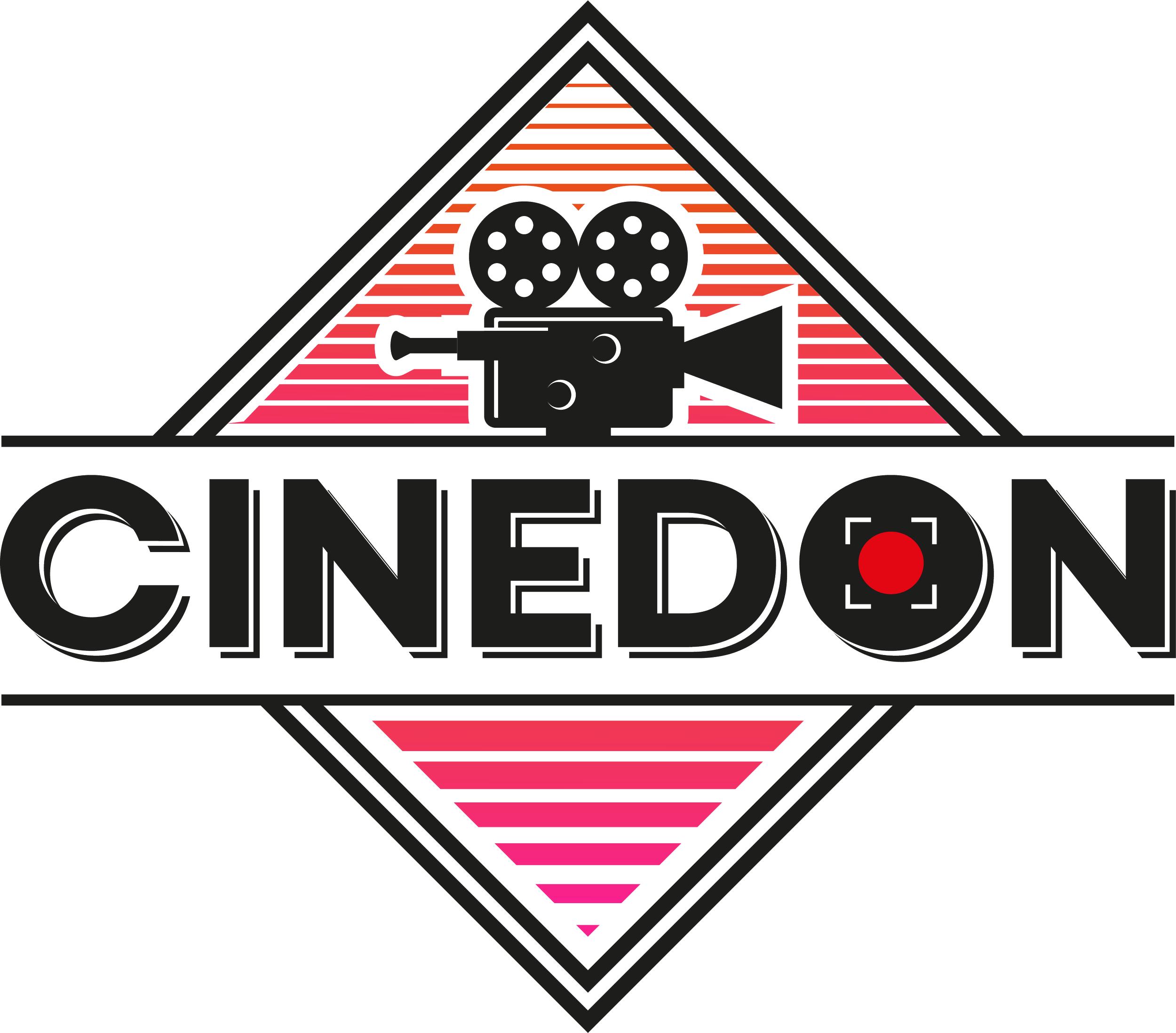 the cinedon logo in inverted black and red colors