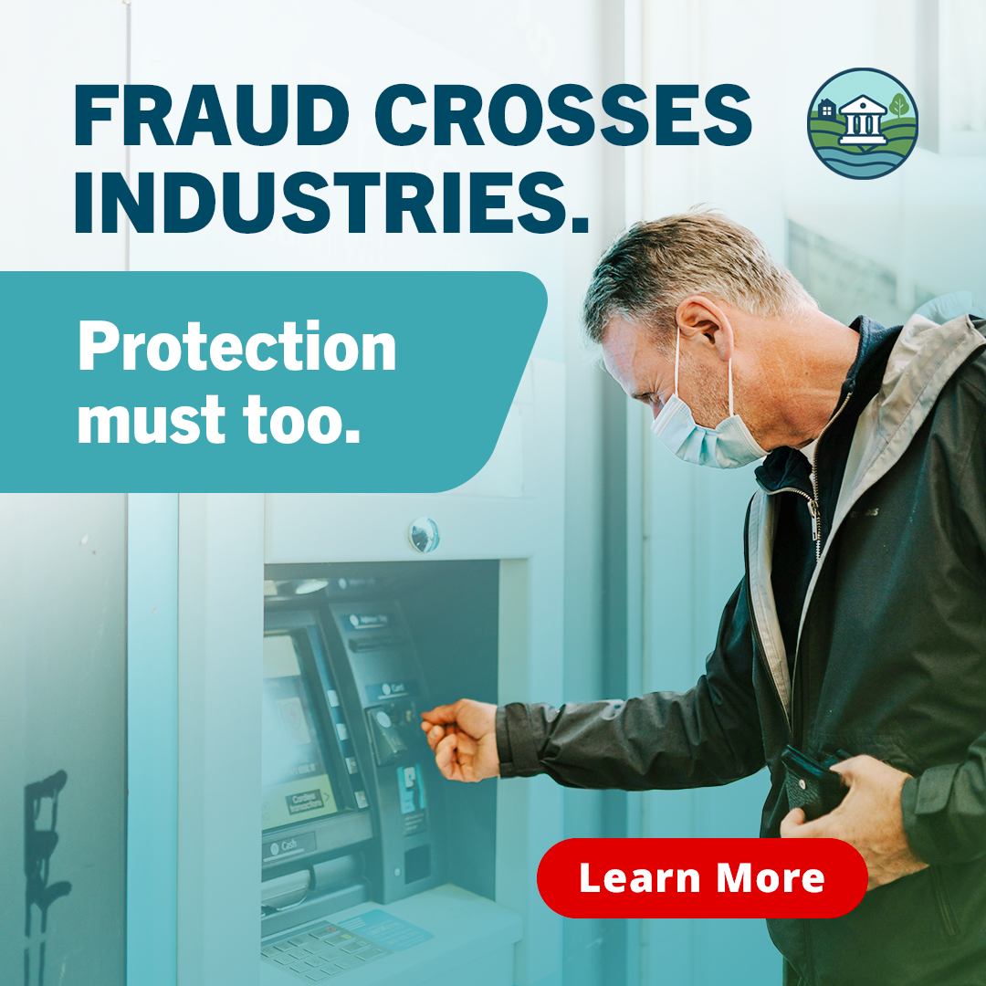 A person wearing a face mask using an ATM machine in a well-lit indoor setting. The image emphasizes the need for protection against fraud crossing industries.