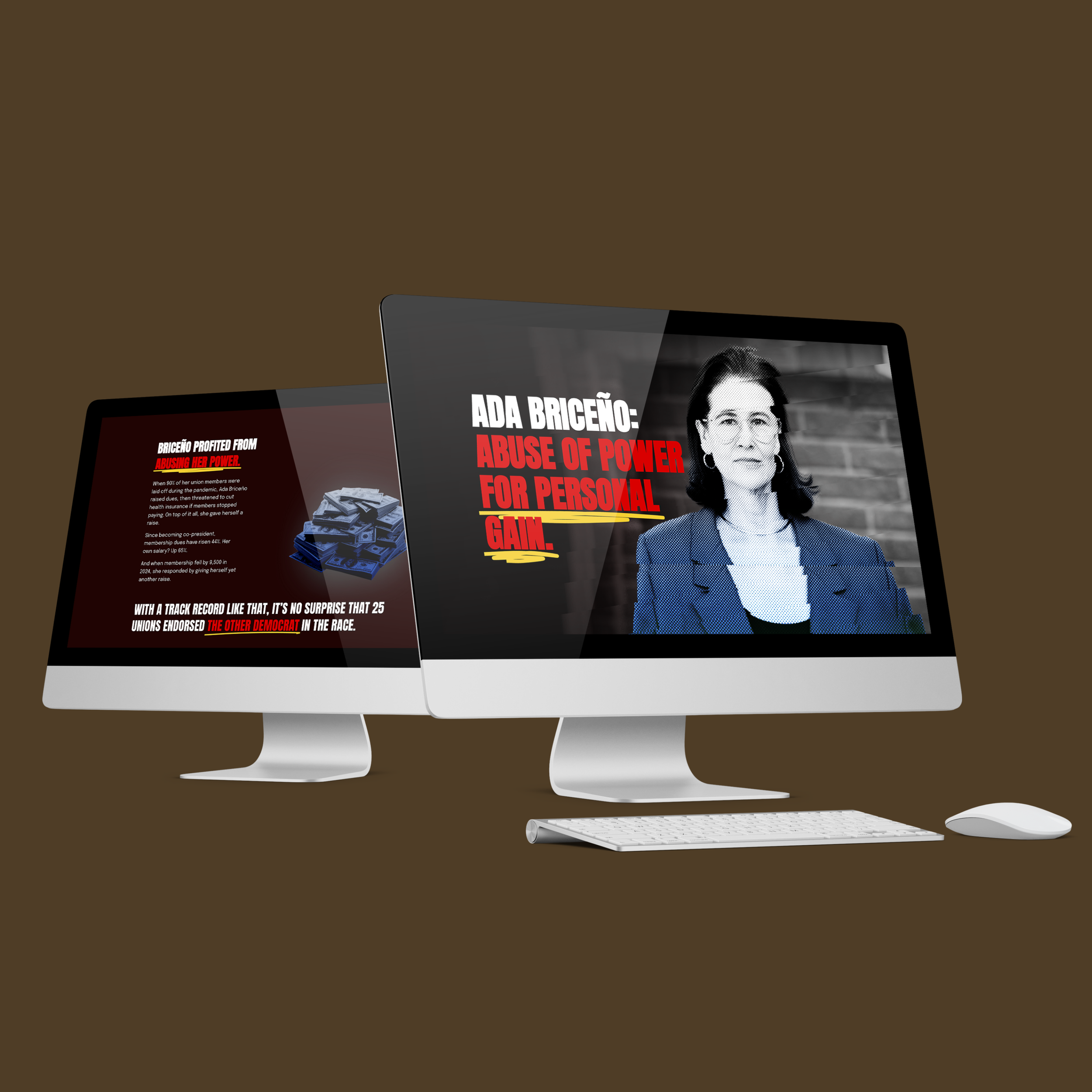 Computer monitor displaying a black and white photo of a woman in a blazer with text overlay in red and white.