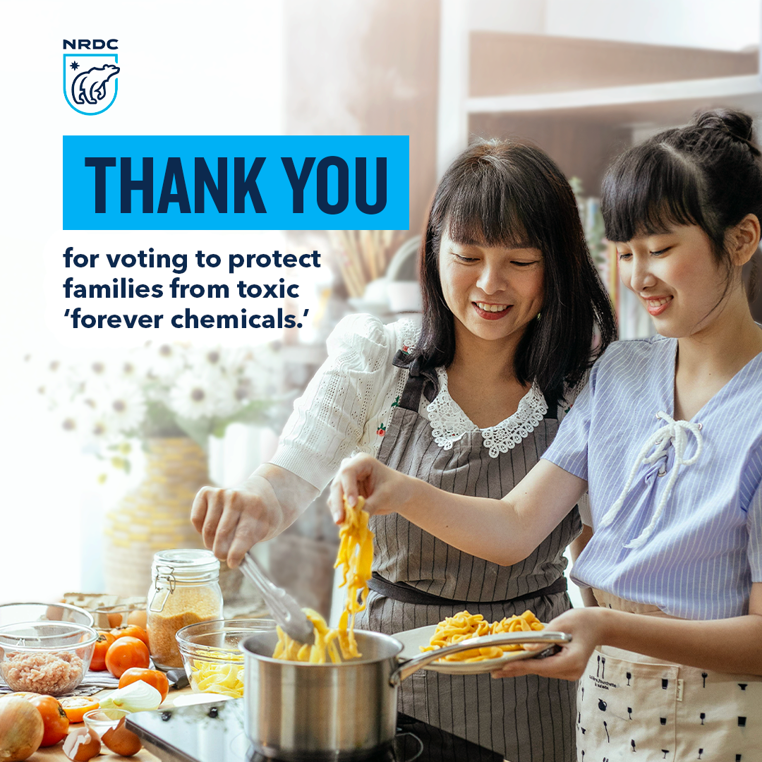 Mom and daughter cooking pasta in the kitchen, smiling, with a thank you message for voting to protect families from toxic chemicals.