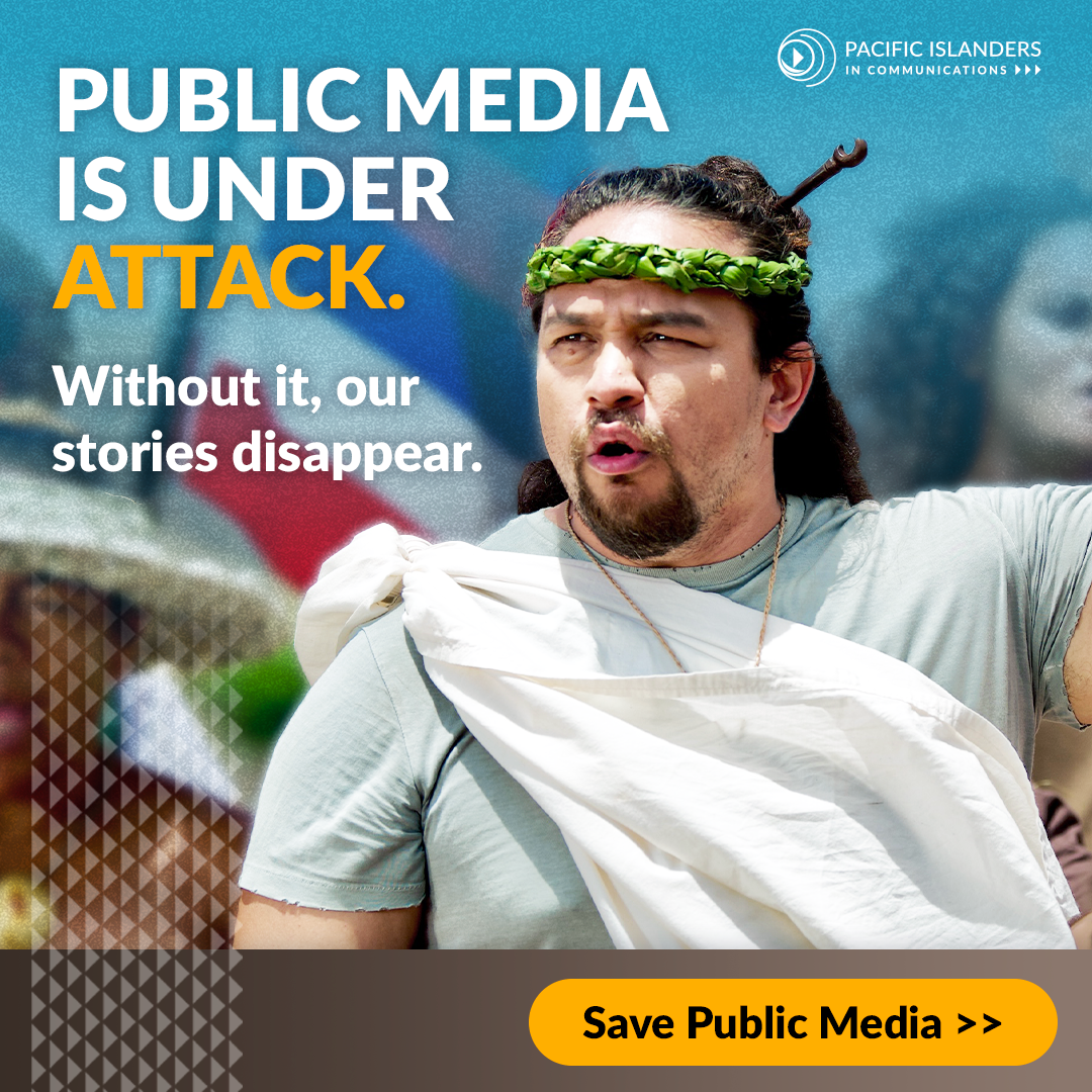 A protester dressed as a historical figure with a laurel wreath on his head and a white toga draped over his shoulder, raising his arm. The background includes a blurred flag and a promotional message about protecting public media on a campaign poster.