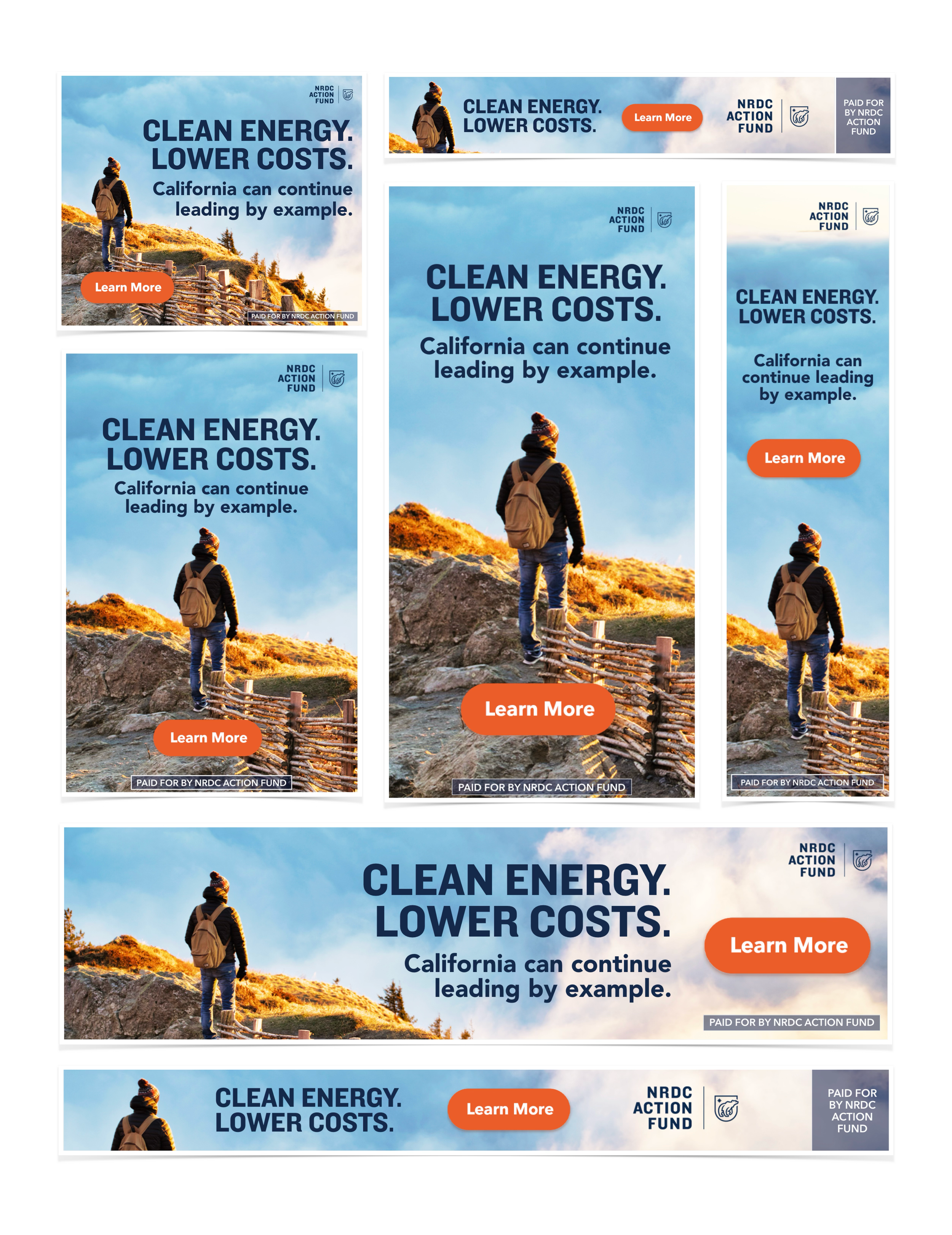 A collection of digital advertisements promoting clean energy and lower costs, featuring an image of a person with a backpack standing on a rocky outdoor trail, with a blue sky and hills in the background. The ads include messages like "Clean energy. Lower costs. California can continue leading by example," along with orange "Learn More" buttons, and are branded with the NRDC Action Fund logo.