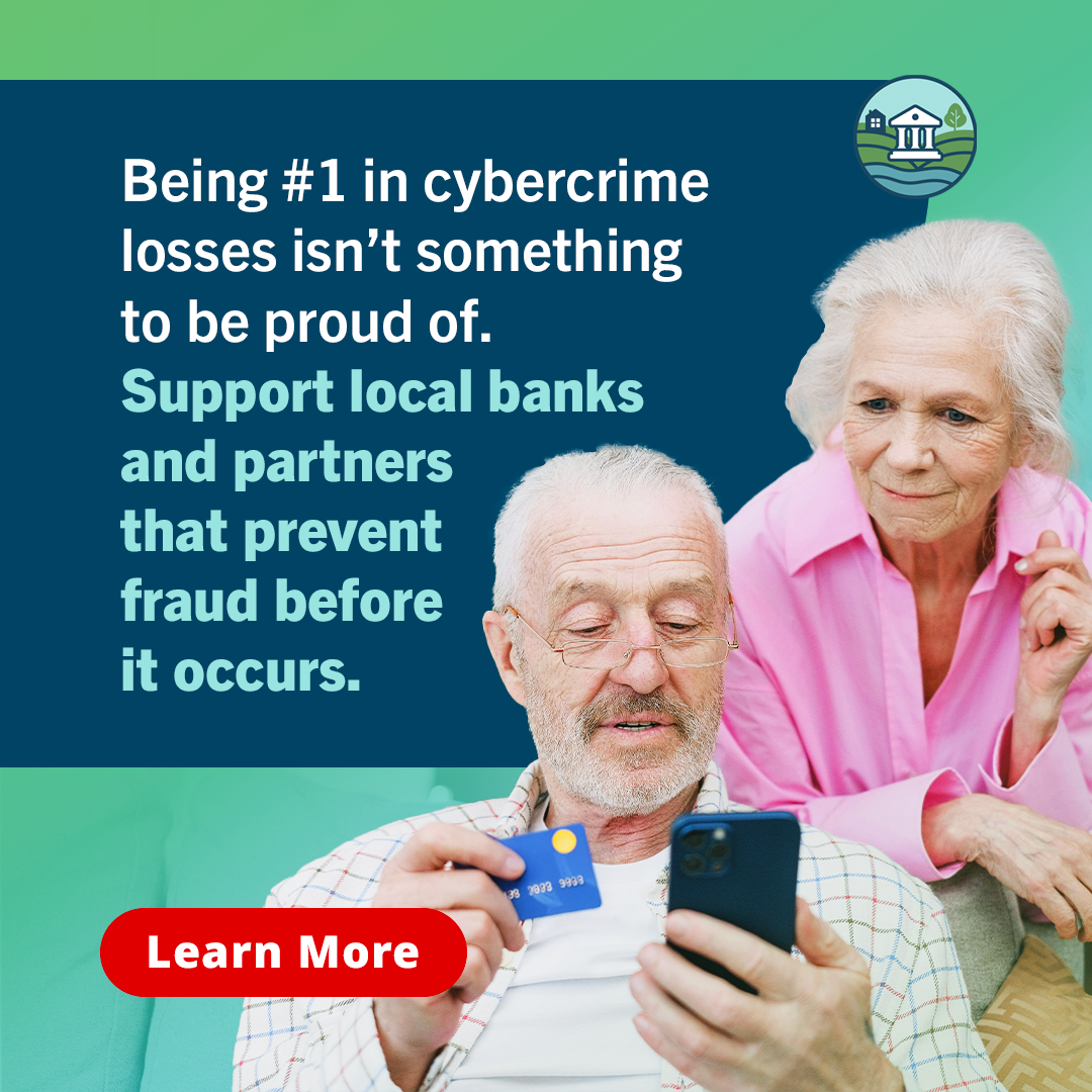 Older man and woman looking at a smartphone and credit card, with a message encouraging support for local banks to prevent cybercrime.