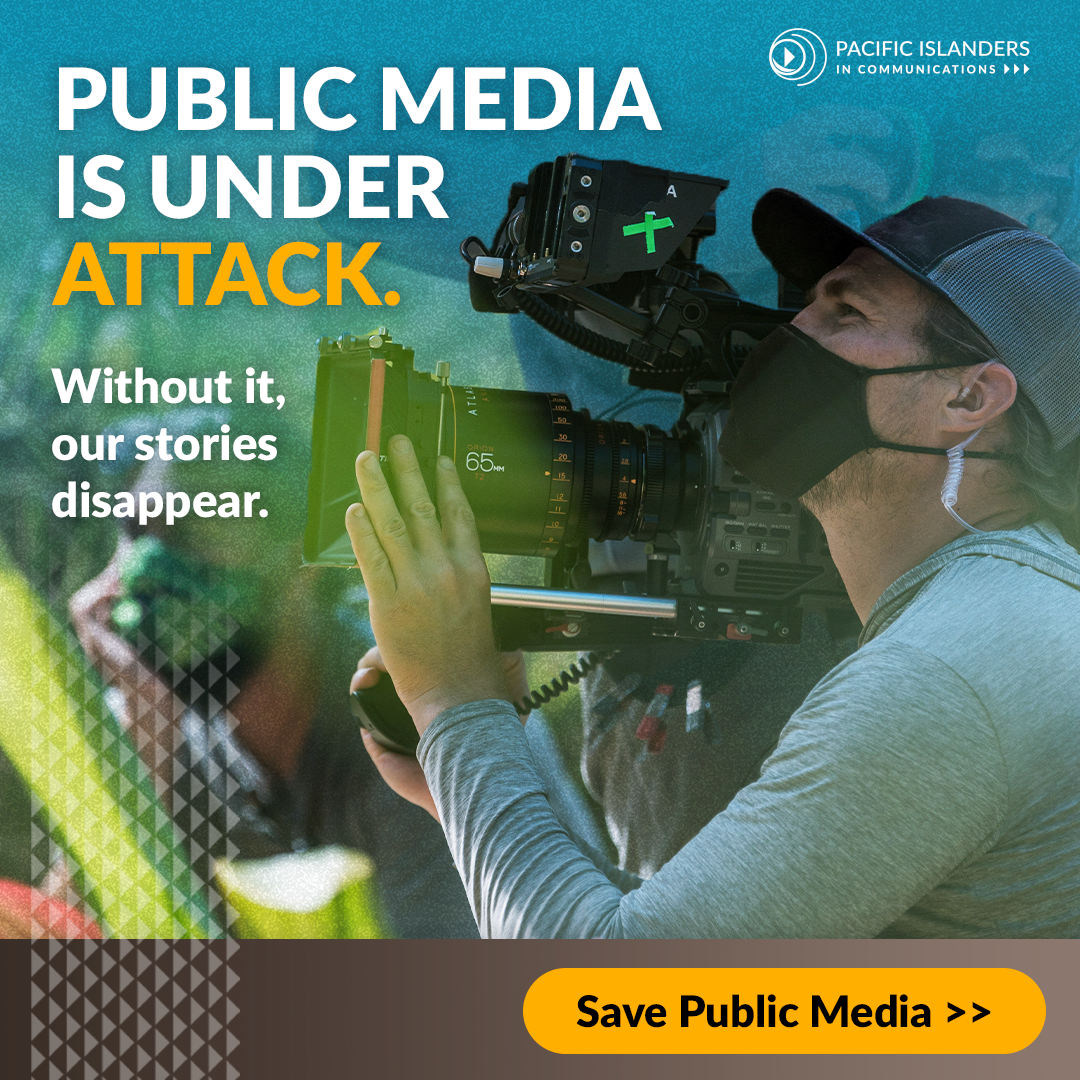 A person with a mask and a cap filming with a professional camera, promoting the importance of public media.