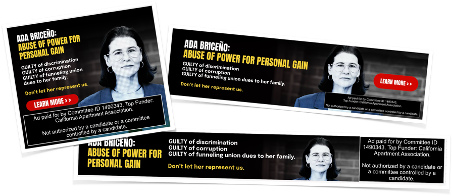 Three political advertisements warning against abuse of power for personal gain, featuring a woman with glasses and dark hair, with black and yellow text, and a red 'Learn More' button.