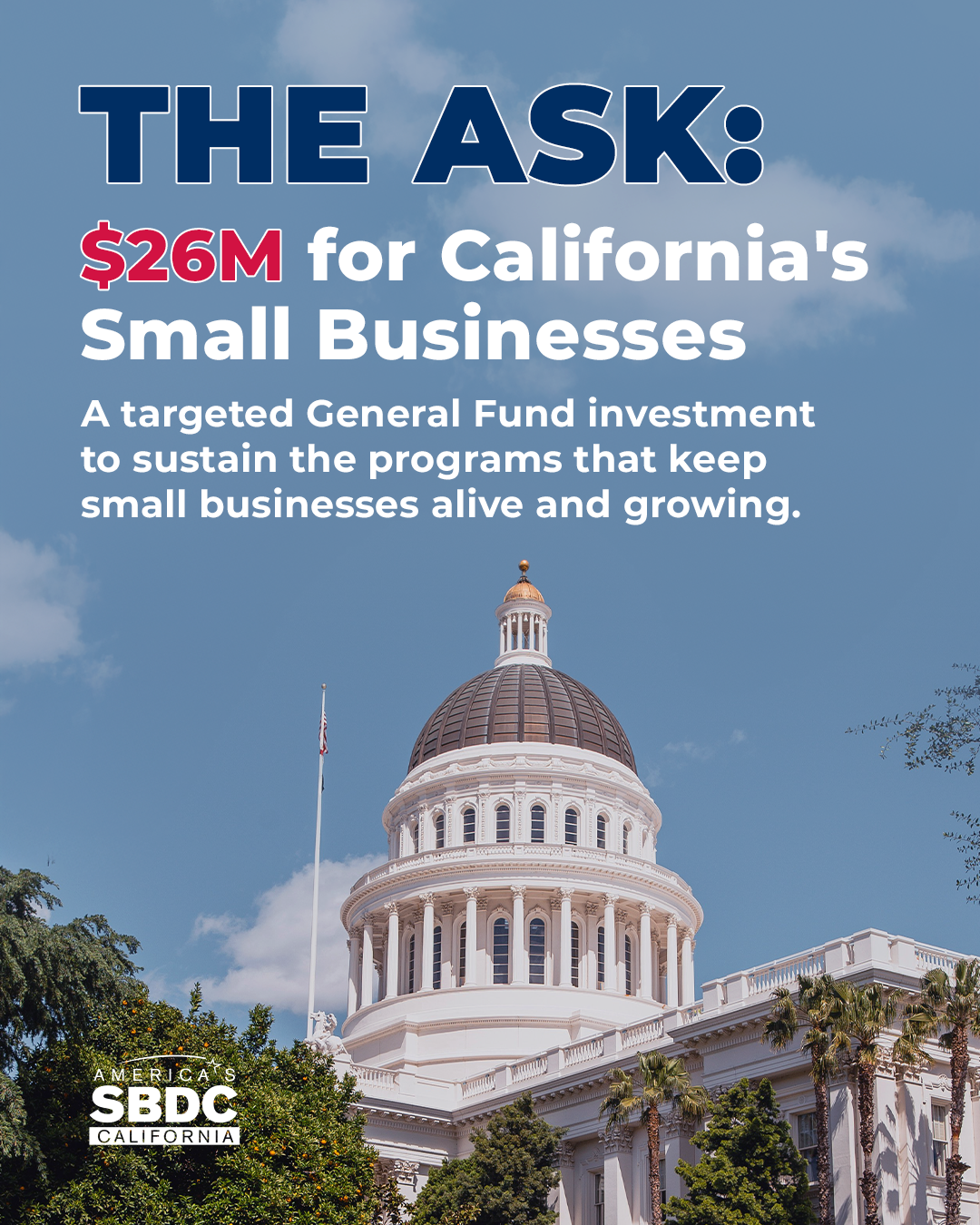 Text overlay on a photo of the California State Capitol building that reads, 'The Ask: $26M for California's Small Businesses. A targeted General Fund investment to sustain the programs that keep small businesses alive and growing. America’s SBDC California.'