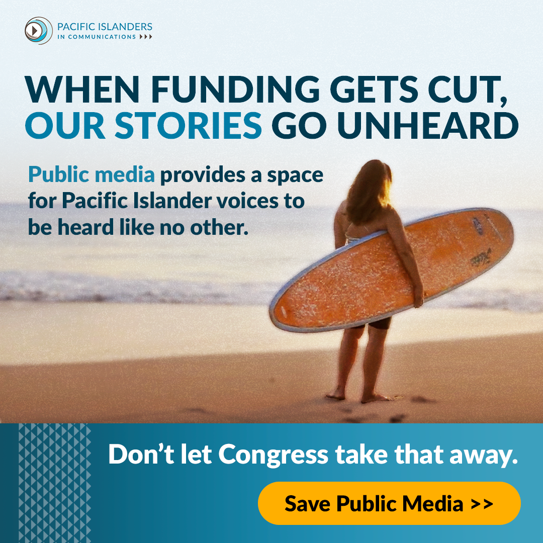 A person holding a surfboard and walking on the beach during sunset, with text promoting public media and advocating against funding cuts.