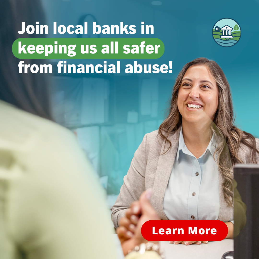 A smiling woman in business attire talking to someone in a yellow shirt, promoting joining local banks for safer financial practices. Features a bank logo at the top right and a red 'Learn More' button at the bottom.