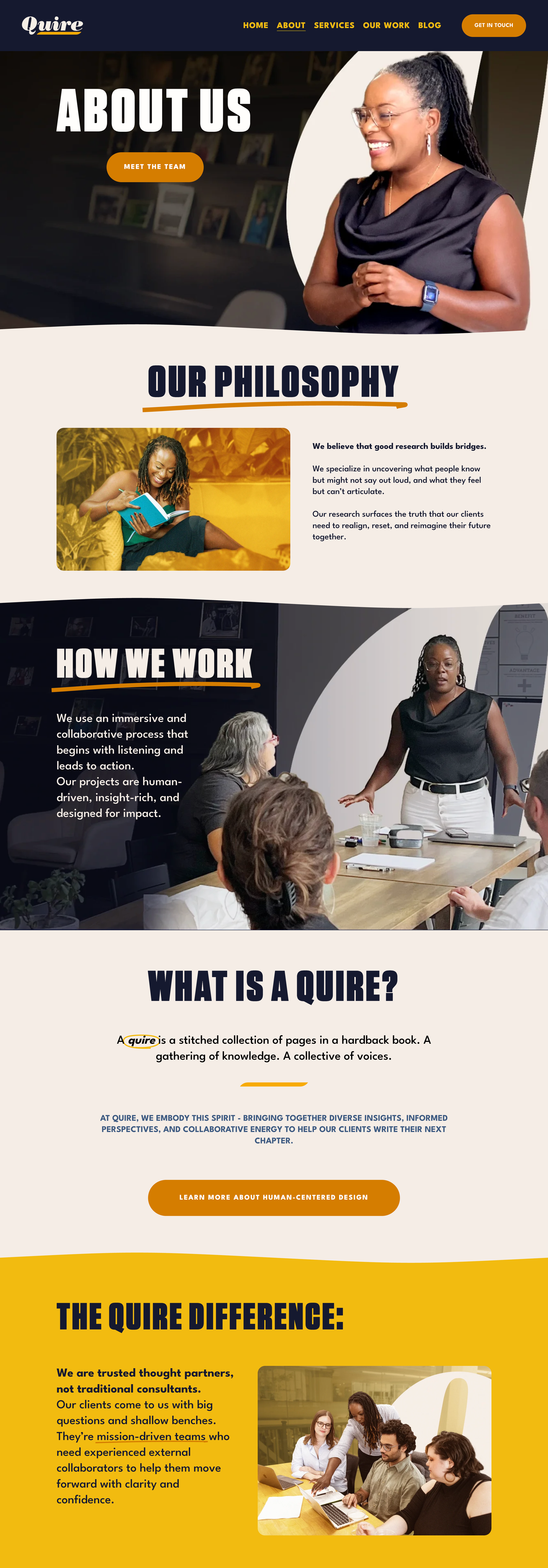 Website page for Quire with sections about the company, its philosophy, how they work, and their mission. The page features photos of diverse women, including one smiling woman with glasses and a sleeveless top, and a scene of women in a meeting.