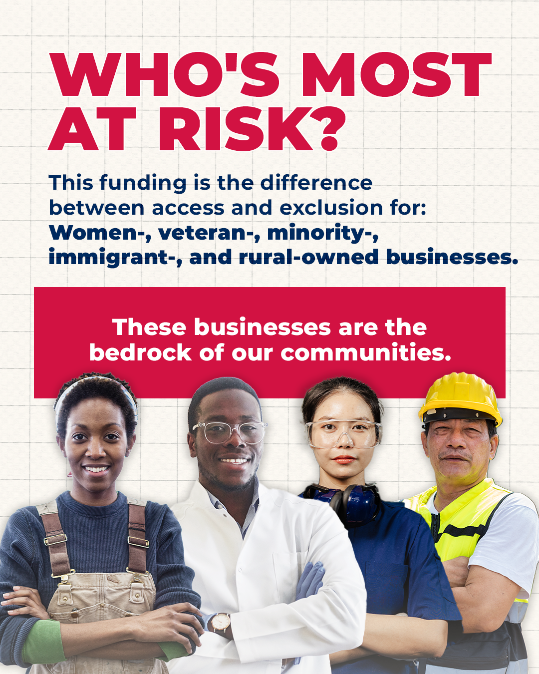 Poster highlighting economic disparities in communities featuring diverse workers and bold text questioning who is most at risk.