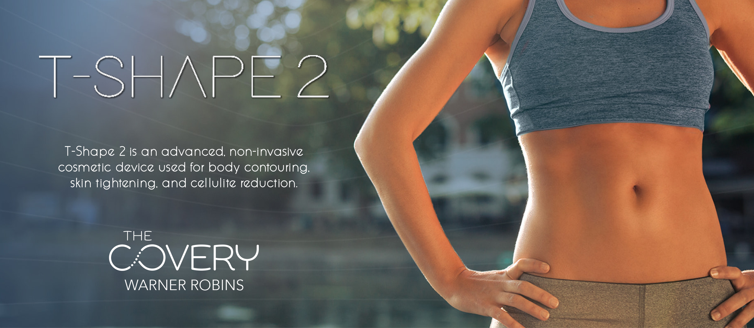 Close-up of a fit woman in a gray sports bra and gray shorts, outdoors with sunlight, promoting T-Shape 2 body contouring device by Warner Robins, with text explaining its benefits.