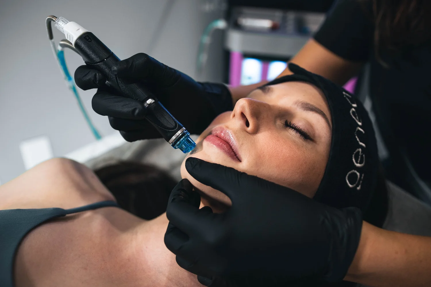 A woman getting a cosmetic procedure on her face using a small tattoo-like device in a clinic setting.