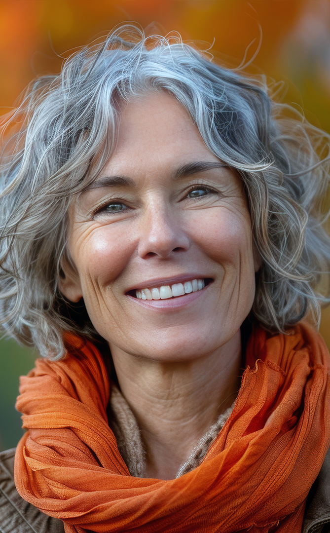 Older woman smiling confidently, representing Hormone Replacement Therapy, showcasing energized, youthful vitality and optimized hormone balance for overall health and wellness.