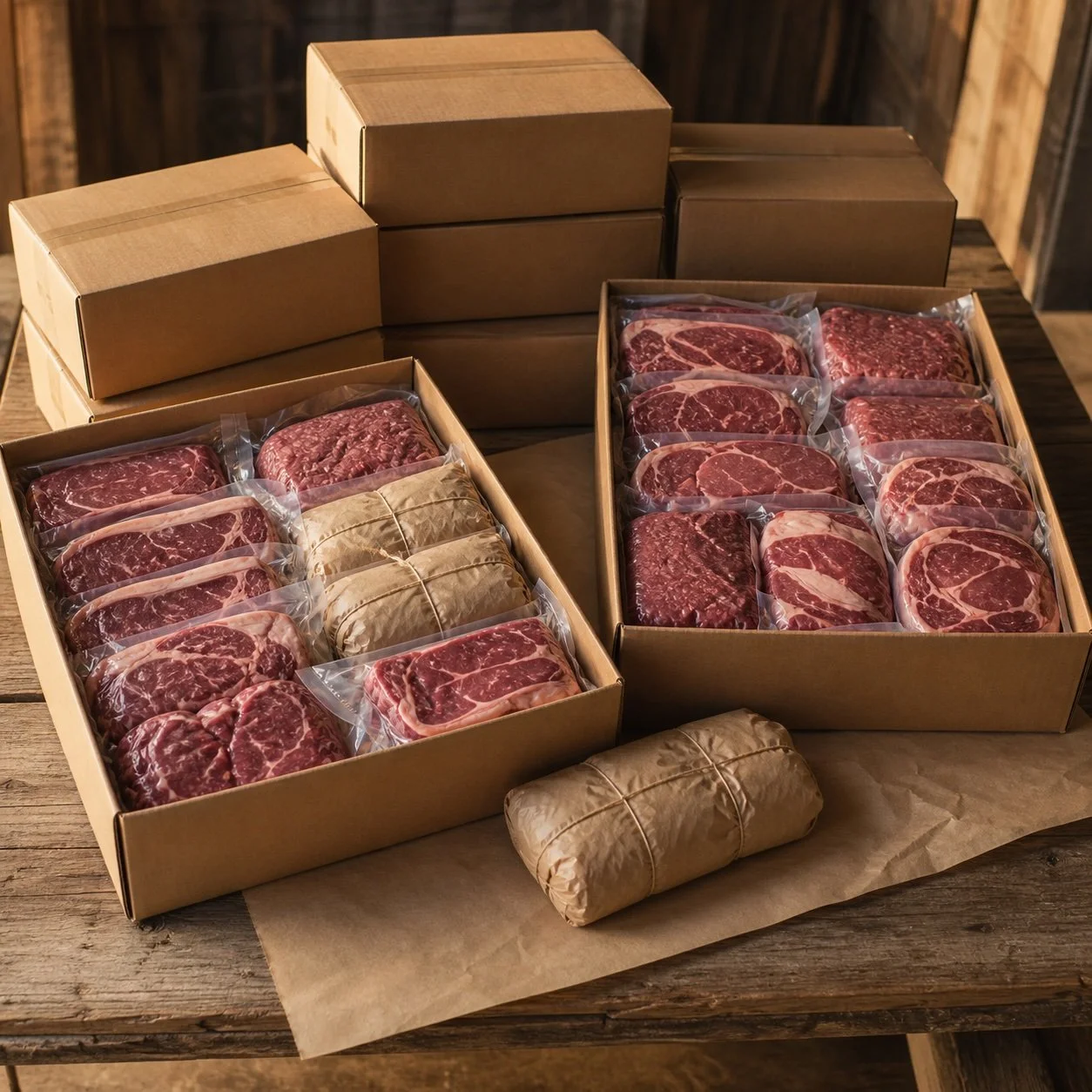 Two cardboard boxes filled with vacuum-sealed cuts of raw beef, placed on a wooden table with additional boxes and wrapped beef around them.