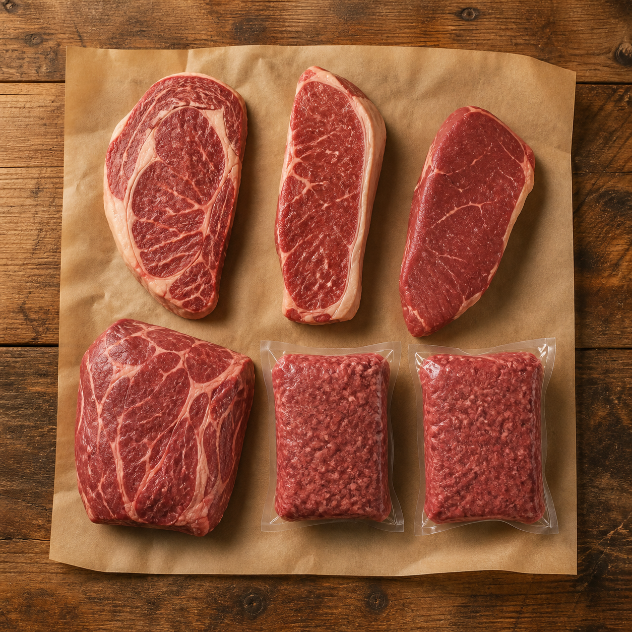 Assorted raw beef steaks on parchment paper, including ribeye cuts, and vacuum-packed ground beef on a wooden surface.