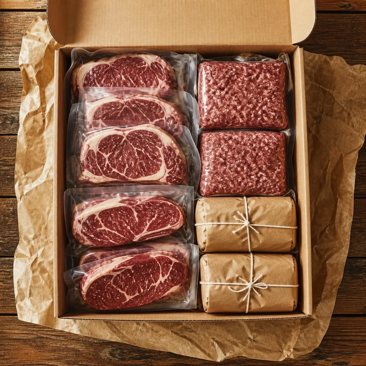 A box of assorted raw beef cuts, including ribeye steaks, ground beef patties, and wrapped meat, arranged on brown paper with a wooden background.