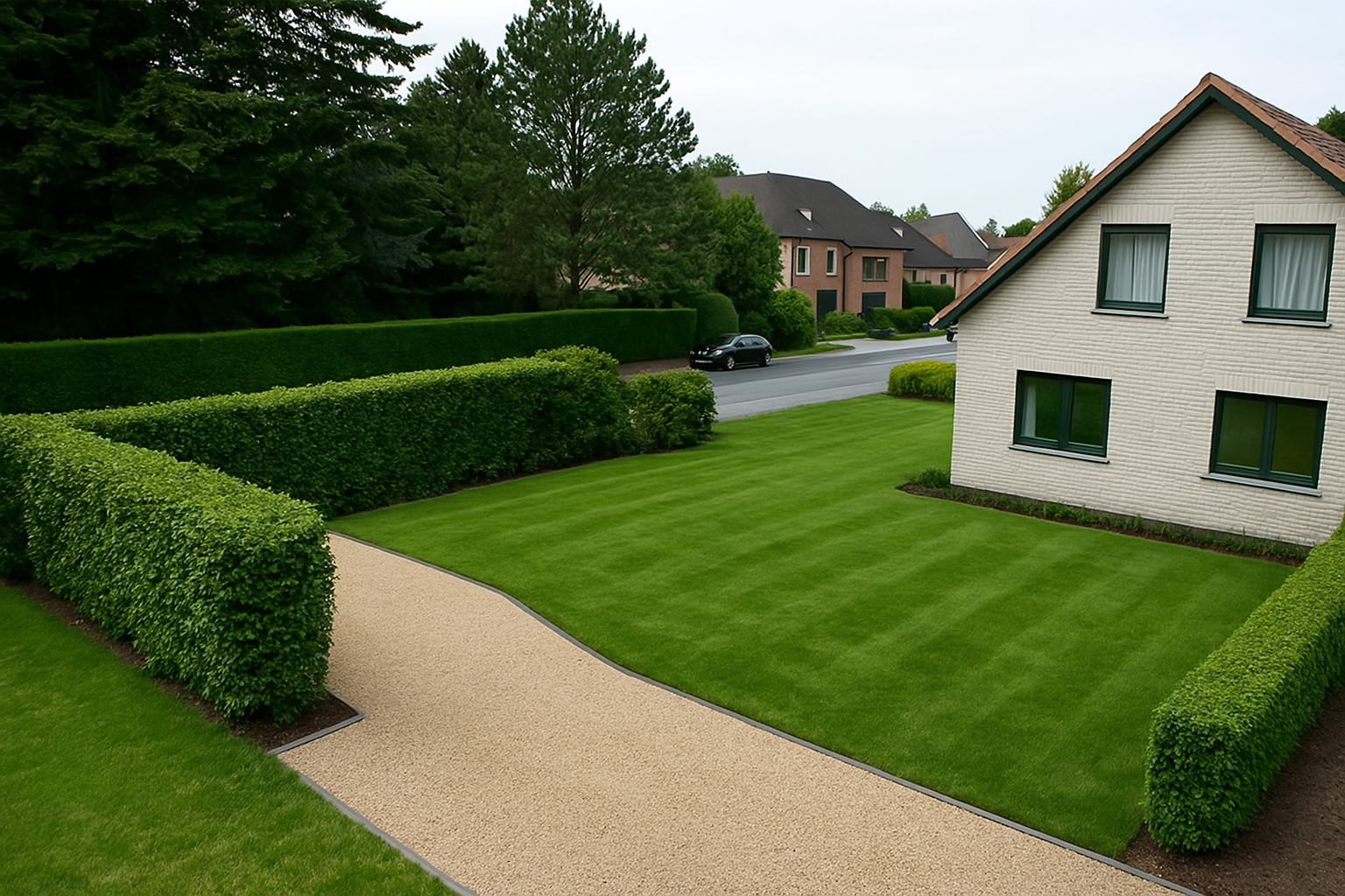 Jardin avec pelouse tondue, haies taillées, allée de gravier, maison blanche et route adjacente. Rénovation extérieurs