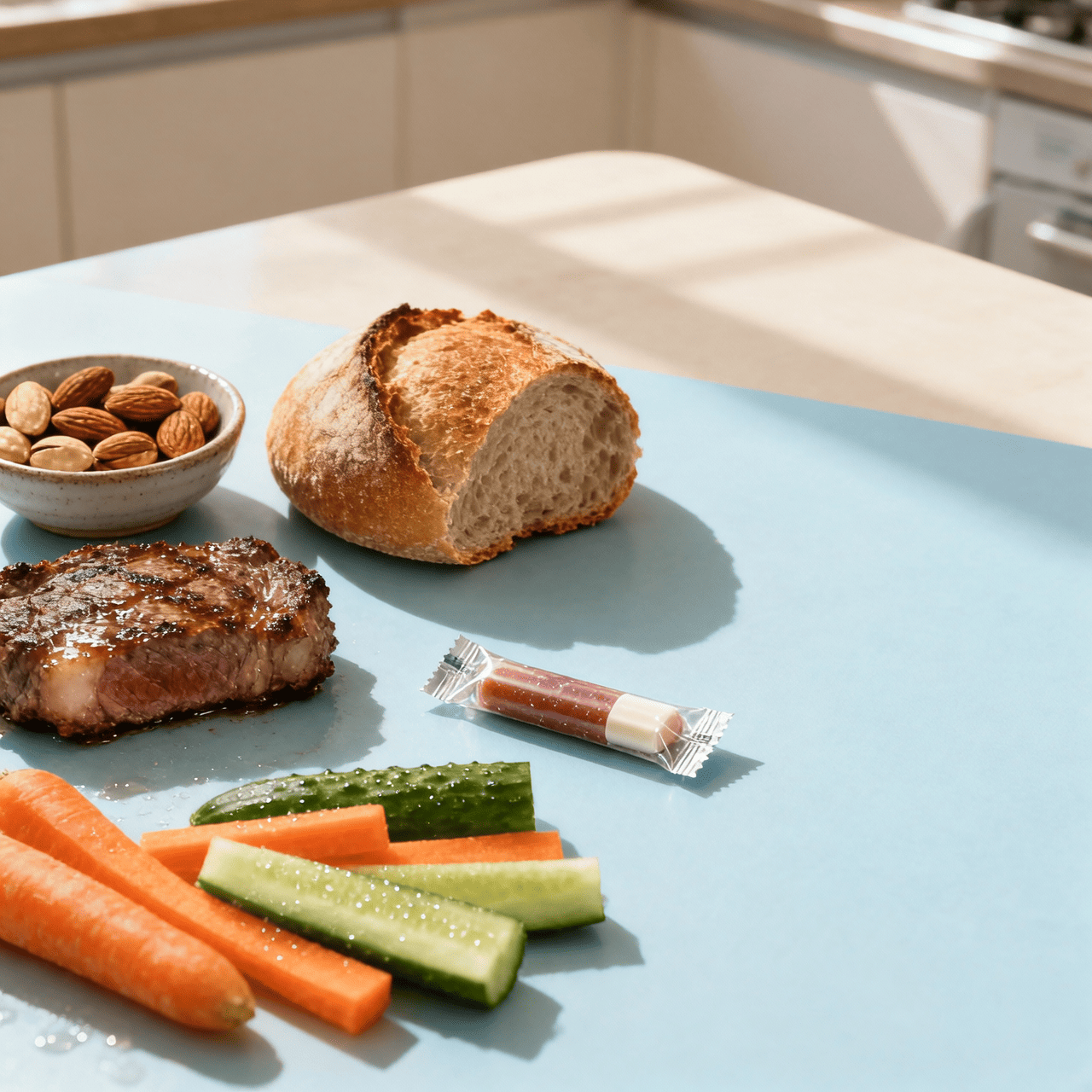 Lebensmittel wie Brotkruste, Nüsse, Fleisch, Rohkost und Kaugummi, die den Kiefer beim Kauen stärker belasten können.