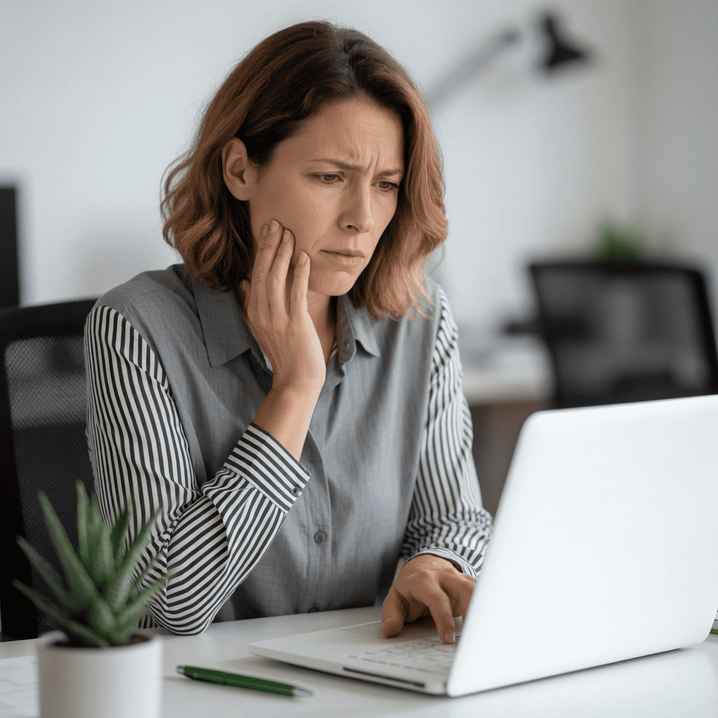 Frau sitzt angespannt am Laptop und hält sich den Kiefer – Symbolbild für CMD-Beschwerden durch Bildschirmarbeit im Büro.