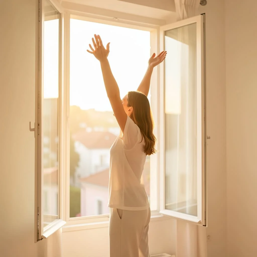 Eine entspannte Frau steht an einem lichtdurchfluteten Fenster im warmen Morgenlicht und streckt sich sanft, um das kinästhetische Gefühl von Entlastung und Körperbalance durch einen gelösten Kiefer zu visualisieren