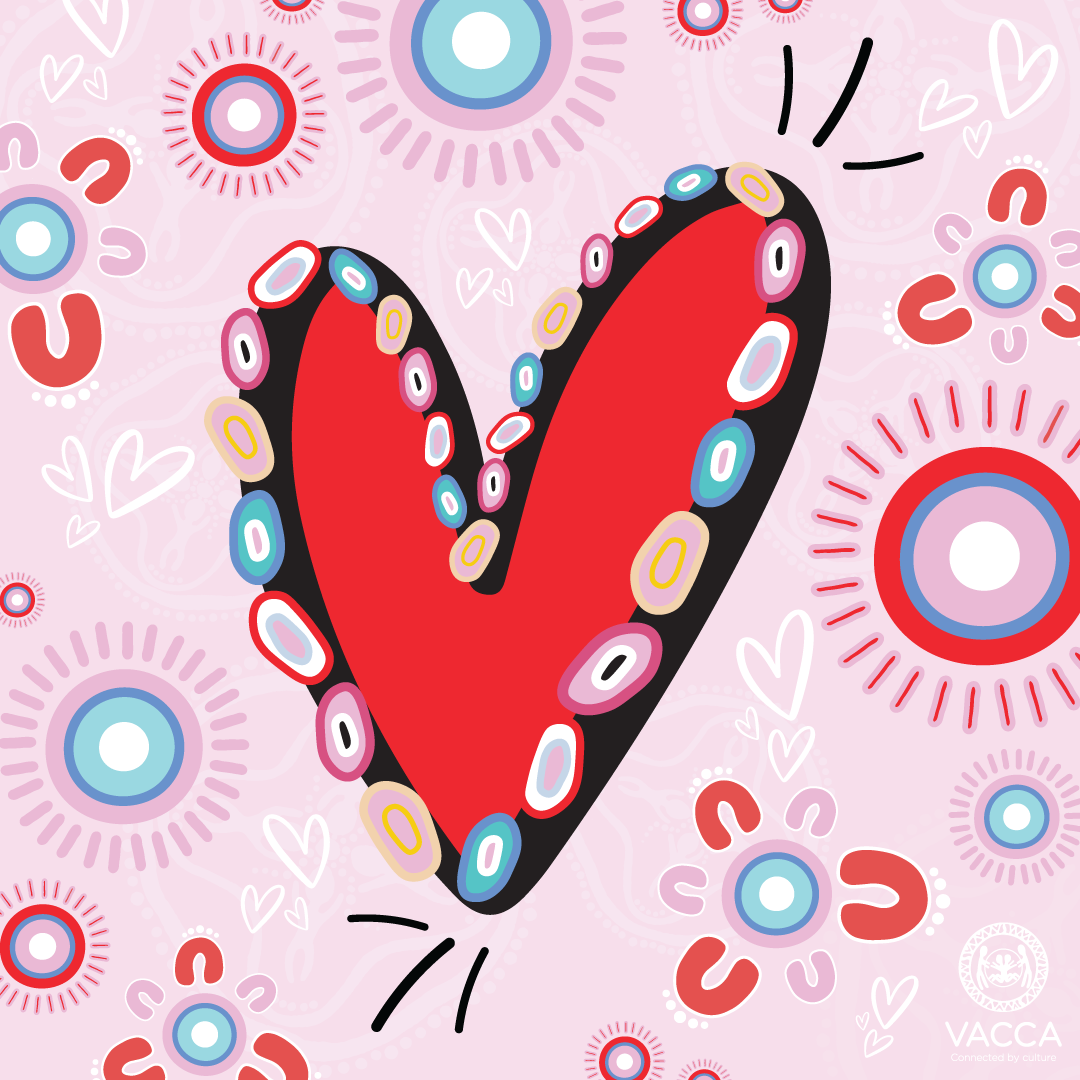 A large red heart with a black outline decorated with multicolored ovals, set against a pink background with white hearts and abstract patterns repeated with healing circles and lines.
