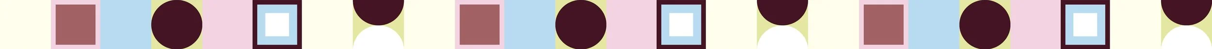 Striped pattern with squares and circles in pastel colors of pink, blue, green, and beige.