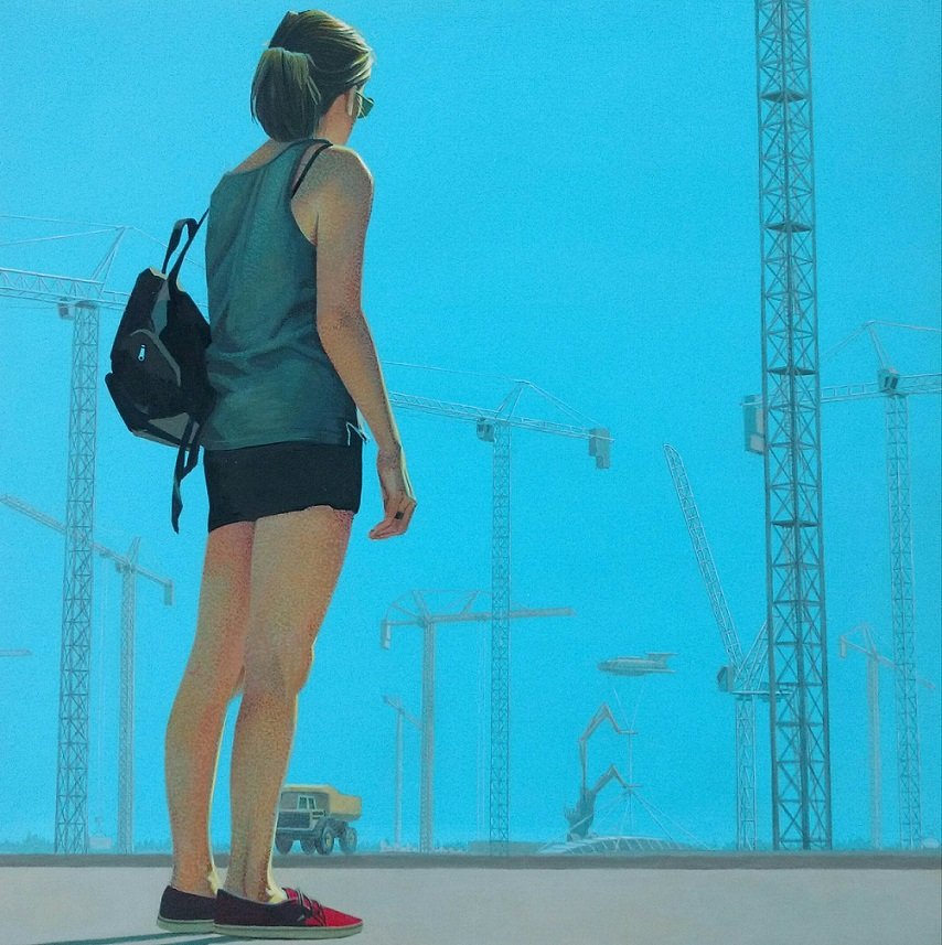 Blue sky, red shoes, acrylic on hardboard, 12 x 12"