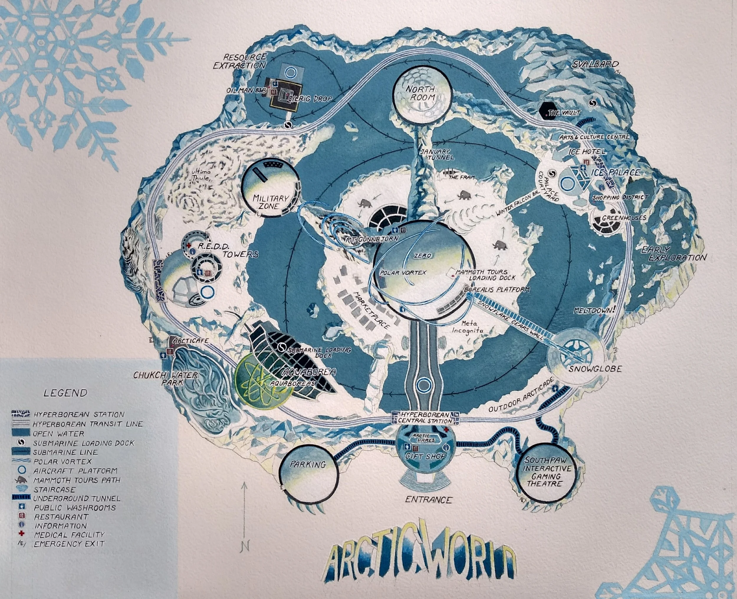 Arctic World Map Concept, acrylic on watercolour paper