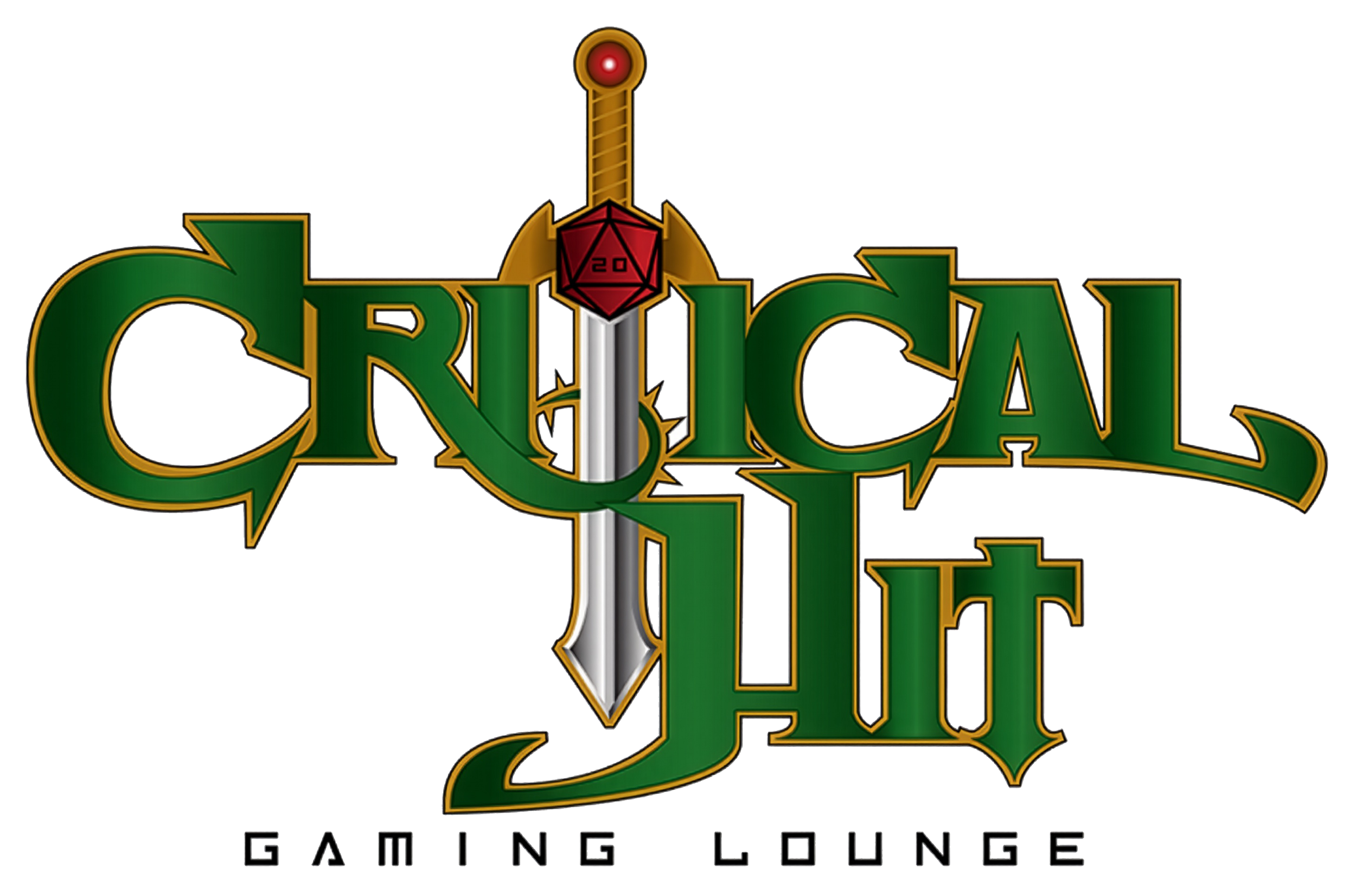 Logo with a sword through the middle, the words 'Critical Gaming Lounge' in green letters, and a gray rectangle at the top right.