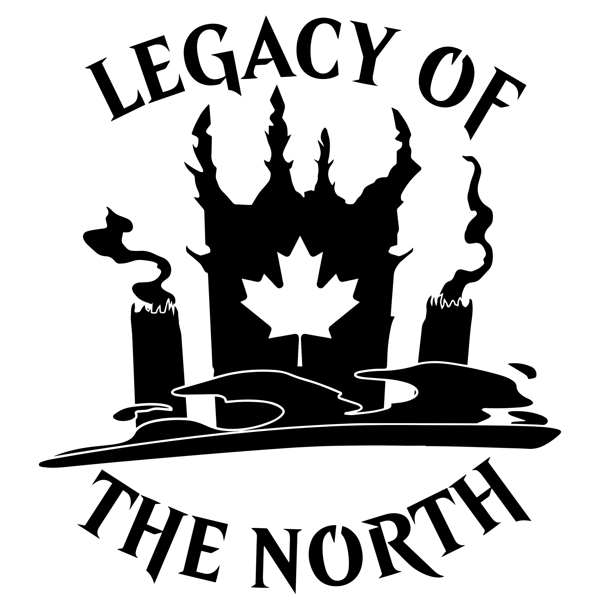 Black background with white outlined text and design. The text reads 'LEGACY' at the top and 'ONE' at the bottom. In the center, there are outline profiles of three faces, with a maple leaf symbol below.