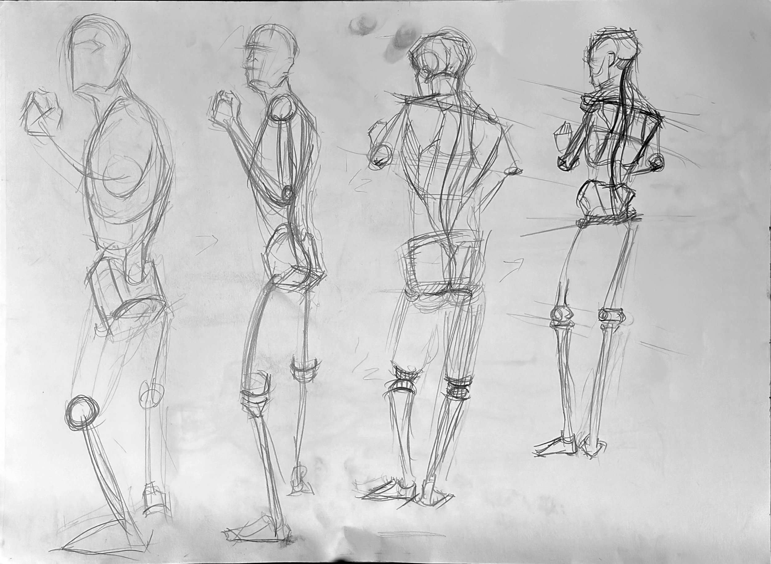 Title: Figure Studies ----

These figure studies were drawn during free time in class as part of my growing interest in the human body. The leftmost figure is reduced to its simplest structure, with the pelvis treated as a basic cube. In contrast, th