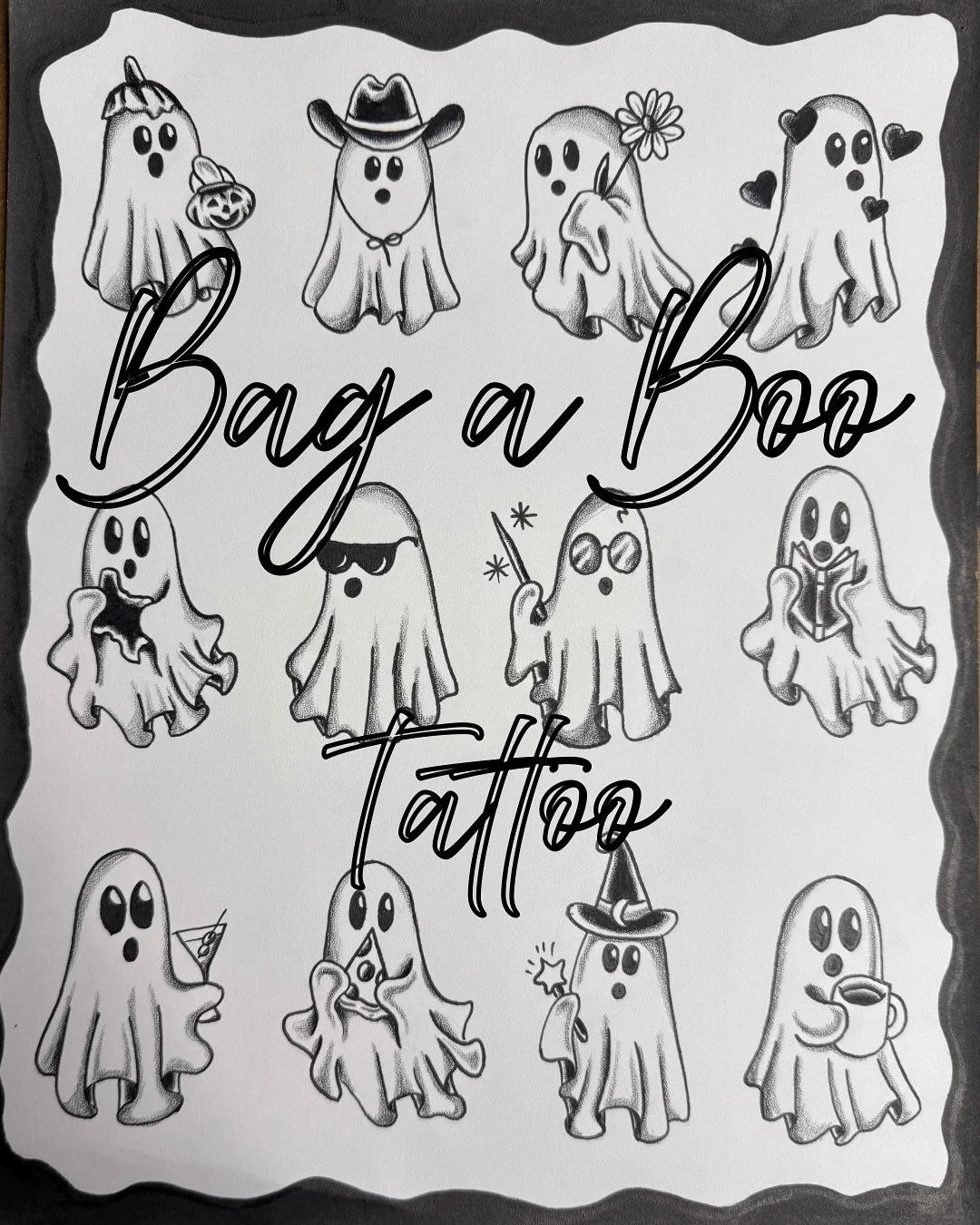 Bag a Boo Tattoo 

October 1st-31st:
👻 Pick any ghost from this sheet (designs are about 3 inches)
👻 $100 outline only
👻 $200 shaded (photos shown are shaded examples)

Appointment? No need! Swing by any time. Noon-9pm. Come snag your boo and wear