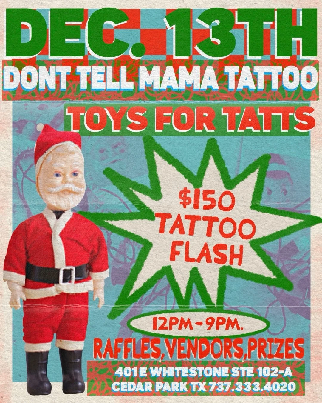 🖤 TOYS 4 TATTS FLASH EVENT 🖤

We&rsquo;re celebrating this holiday season the best way we know how: by giving back to our community! 🎄

We&rsquo;re going all out for this one:
 ✨ $150 palm-size flash tattoos
✨ Door prizes, TONS of raffles &amp; ex