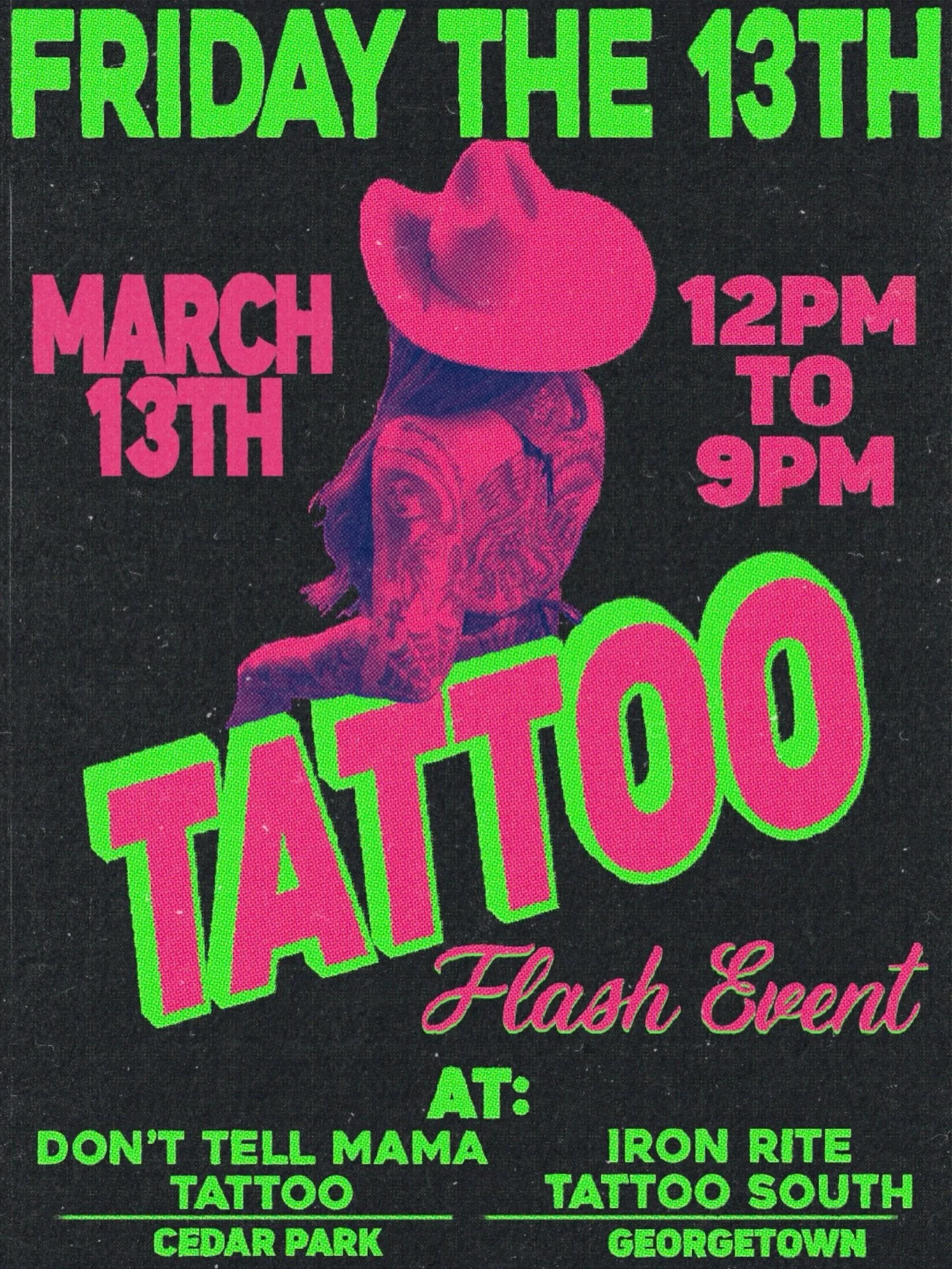 Friday the 13th&hellip; Our Lucky Day 🍀

🗓️ Friday, March 13
⏰ 12 PM &ndash; 9 PM

✖️$130 tattoos- Cash Only! 
✖️Arms &amp; Legs 
✖️Palm-size ish/ color or black &amp; grey
✖️First come, first served- walk-ins only

👀 Full flash sheets will be pos