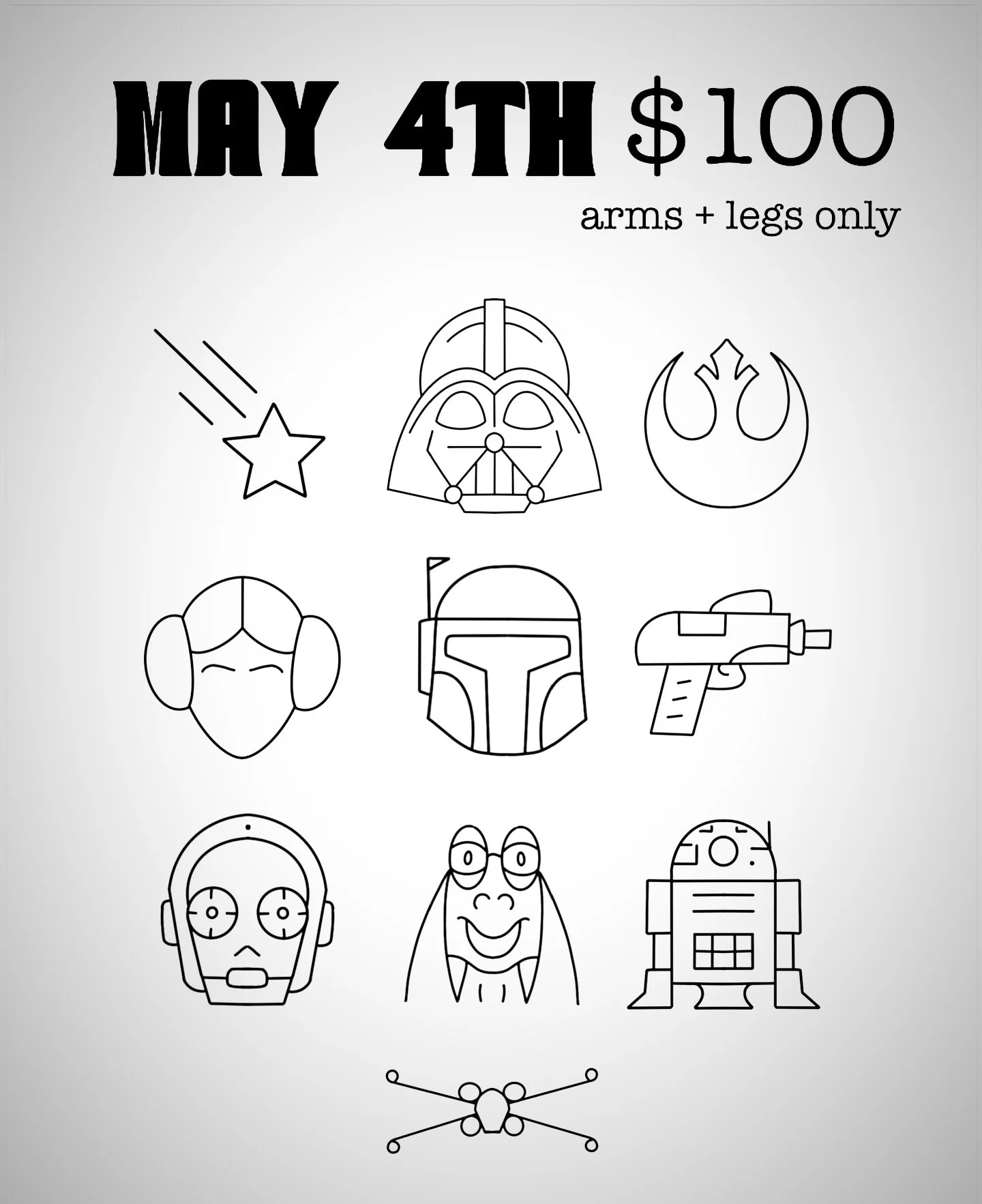 May the 4th be with you all!! Made for our Star Wars fans ⭐️ Available all day TODAY AND TOMORROW noon to 9pm!

#May4thbewithyou #TattooShop #StarWarsTattoo #CedarParkTX #CedarParkTattoo