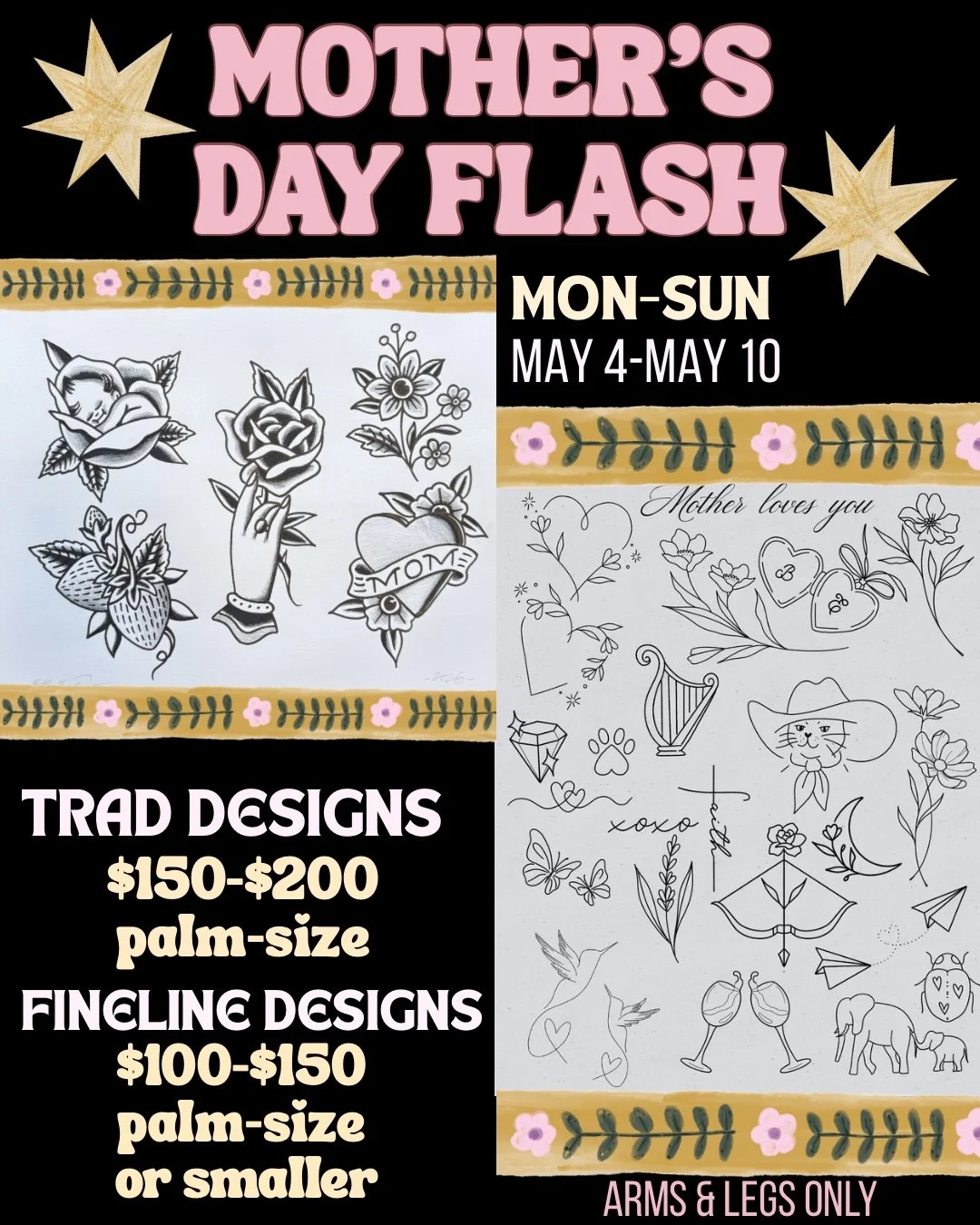 🌸Mother&rsquo;s Day Flash🌸
Sweet designs at flash prices starting tomorrow through Sunday! Come get a forever memory with your mom with us 💖
#tattoo #georgetowntx #mothersday #matchingtattoos #cedarparktx