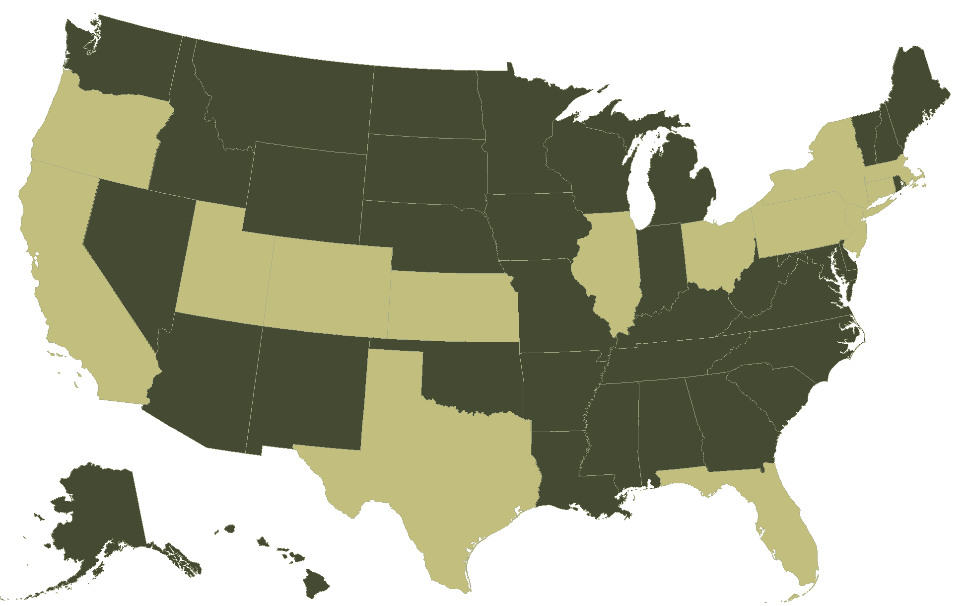 United States map highlighting CA, NY, NJ, TX, MA, CO, CT, FL, IL, OH, PA, KS, OR and UT, among the states supported by HR Strategy Labs.